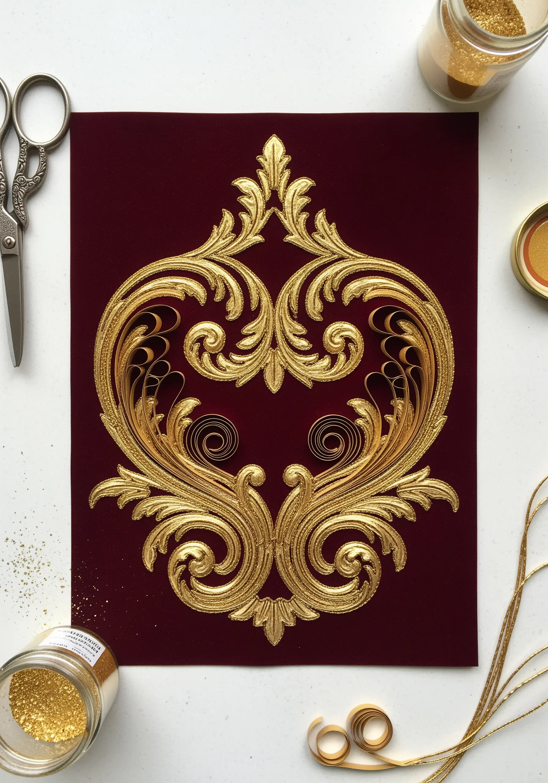 An ornate, symmetrical gold filigree design made with quilled metallic paper on a dark red background.