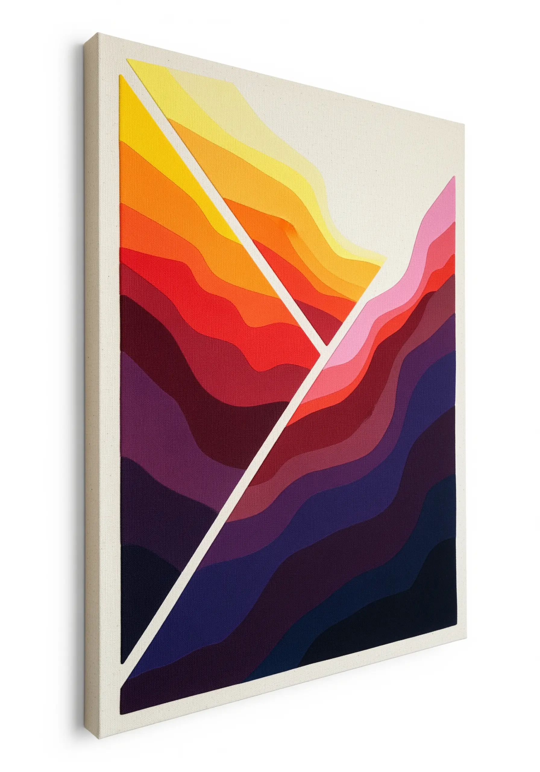 Wall art made from layered, cut pieces of colored felt creating a sunset landscape.