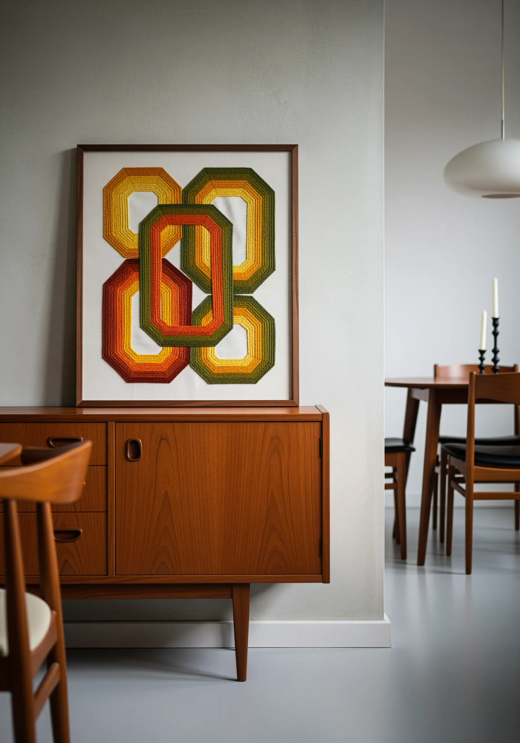 A large framed piece of geometric embroidery in retro colors, leaning on a mid-century sideboard.