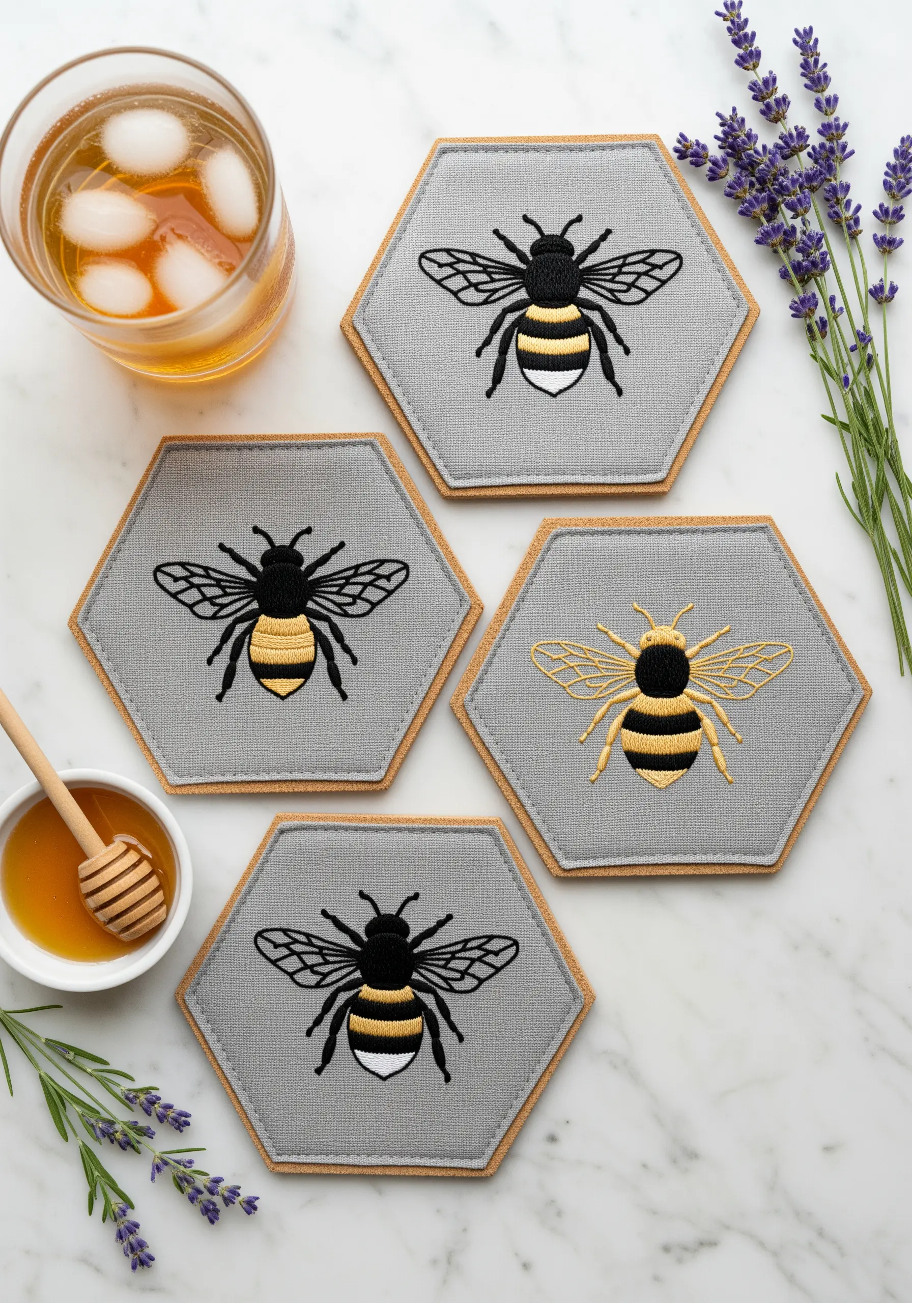 Four hexagonal gray coasters with machine-embroidered bees in black and yellow
