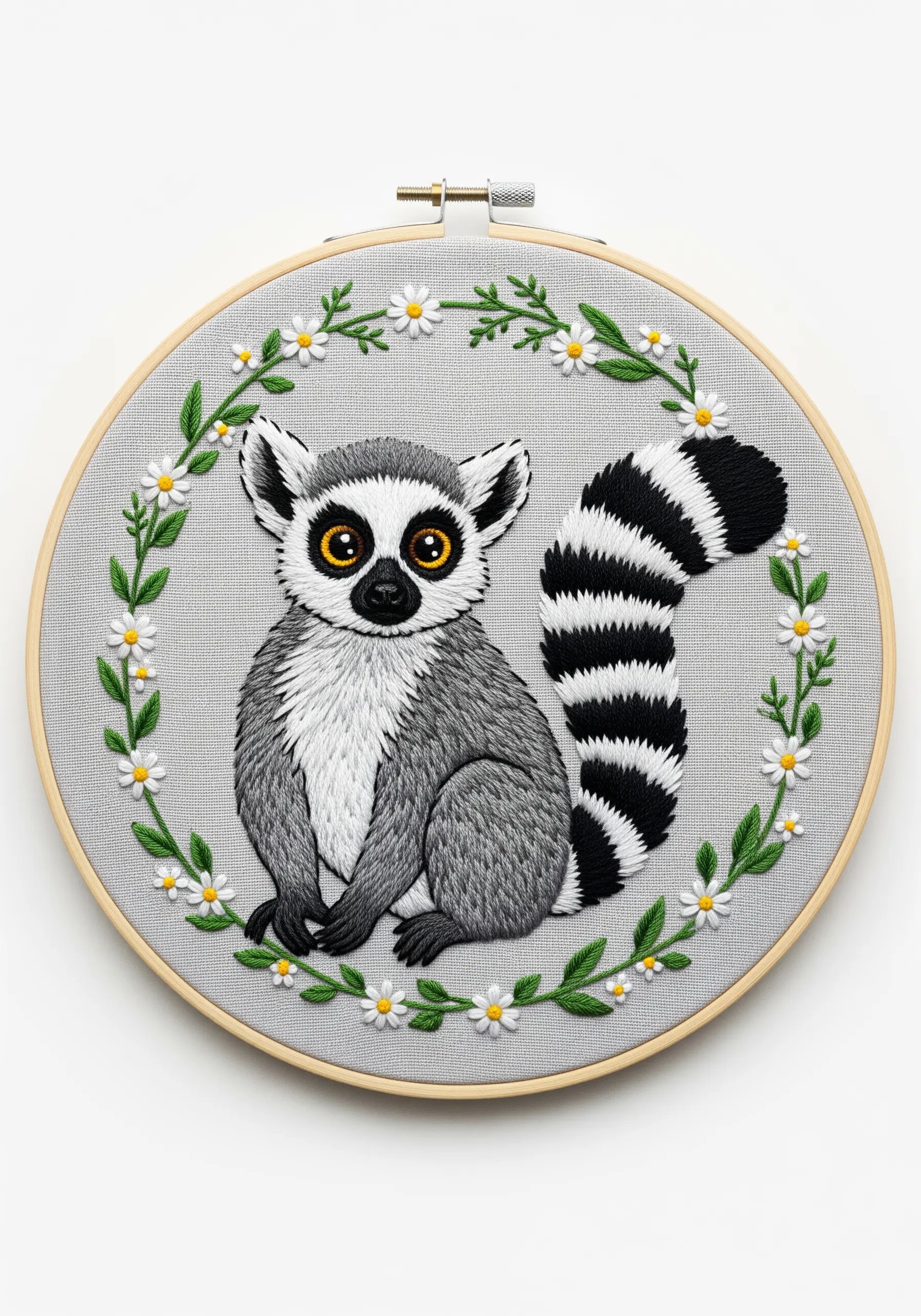 A lemur with a graphic black-and-white striped tail and soft gray fur.