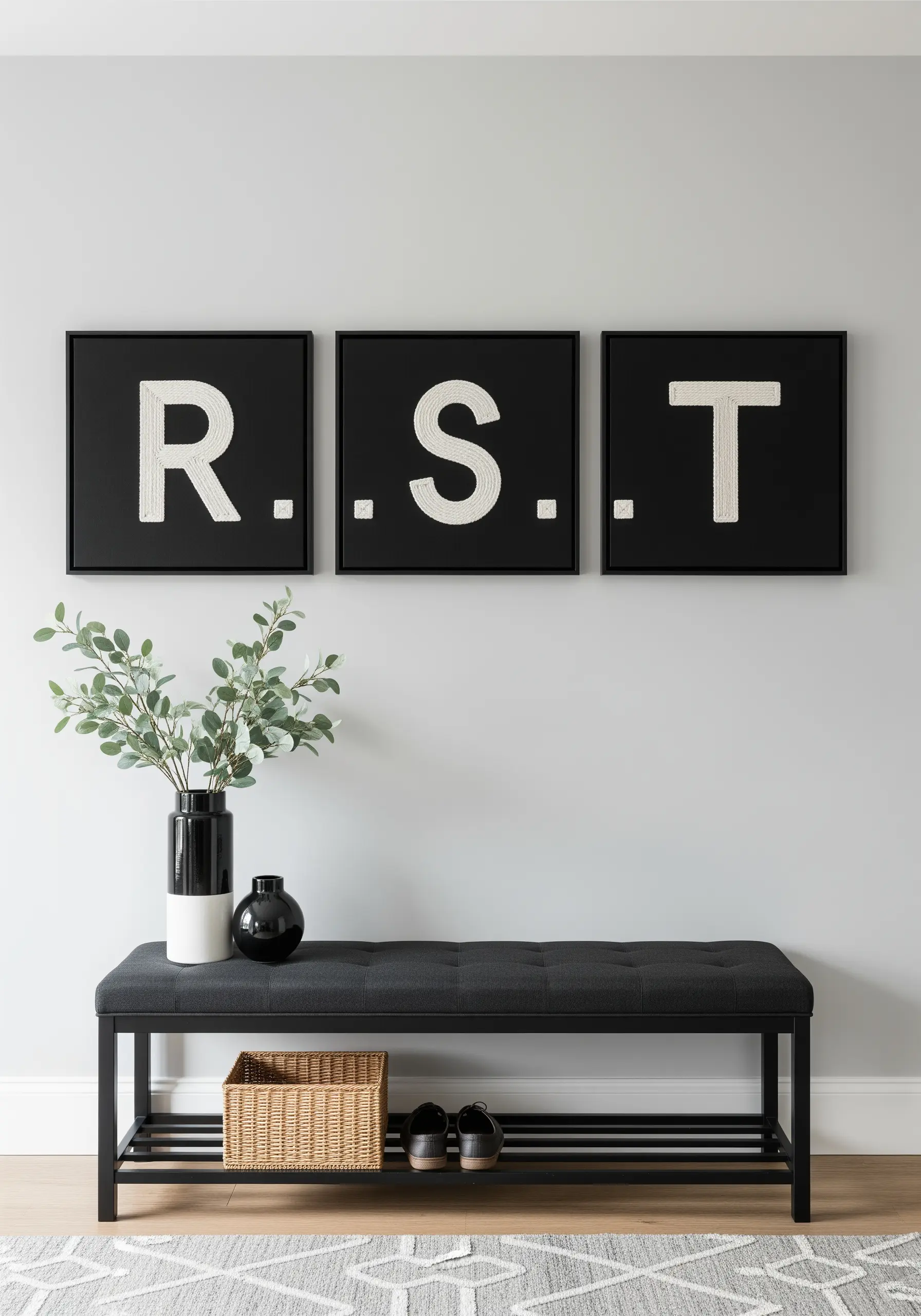 Three framed monograms with white stitches on black fabric creating negative space letters.