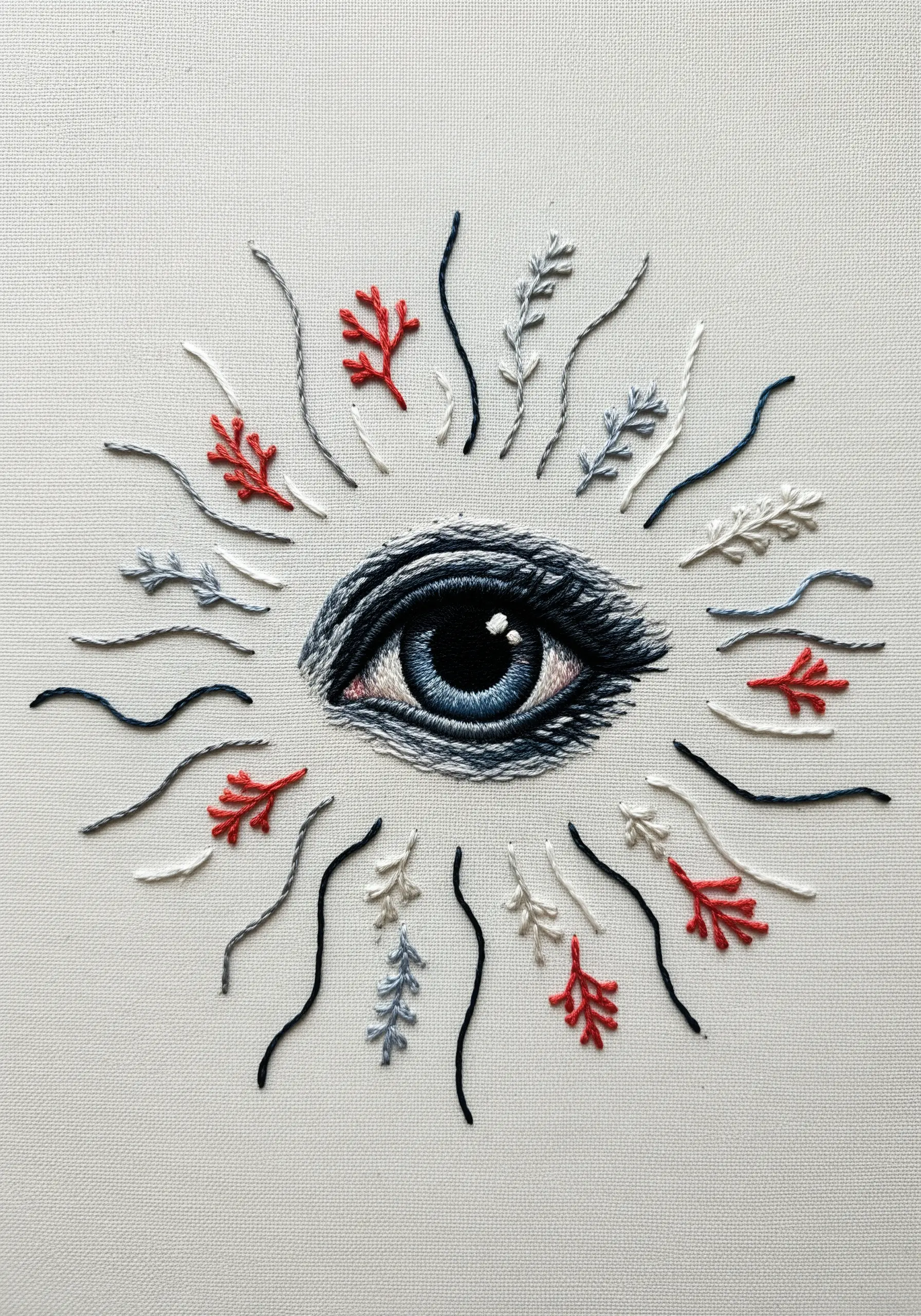 A hyper-realistic embroidered whale eye surrounded by abstract coral and wave-like stitches.