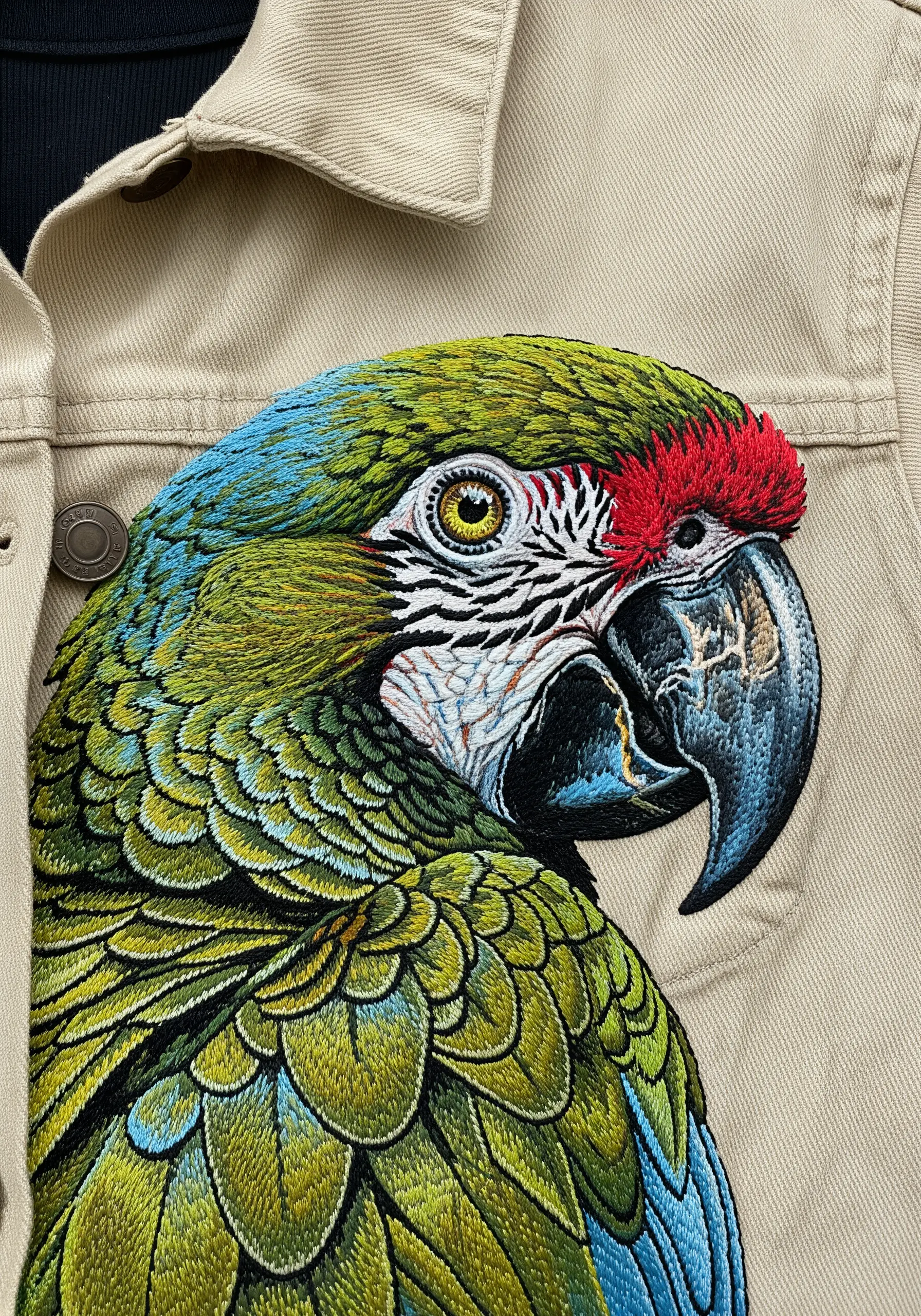 A hyper-realistic, close-up portrait of a Great Green Macaw's head and eye.