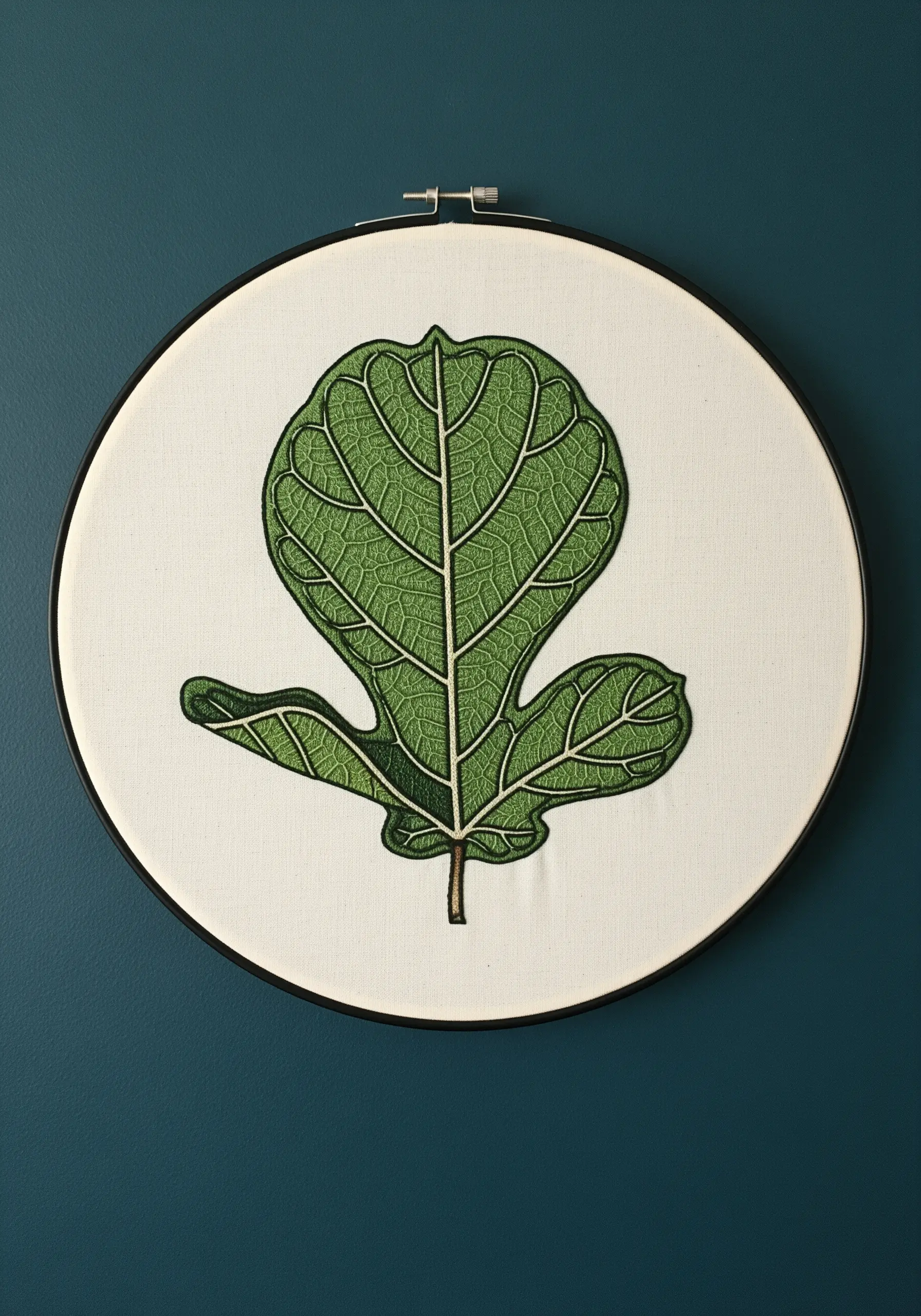 A highly detailed, thread-painted embroidery of a fiddle leaf fig leaf in a large black hoop.