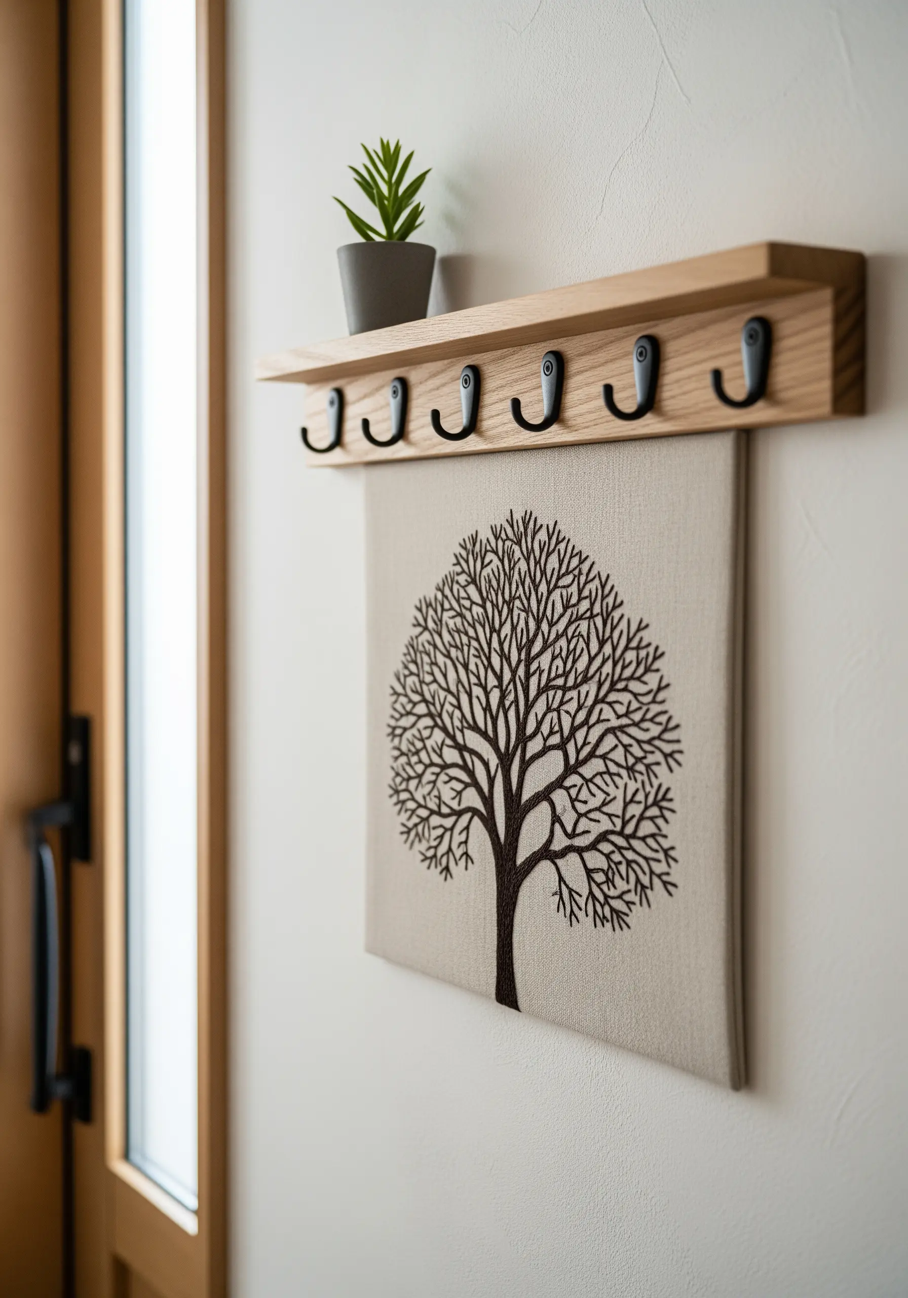 A linen wall hanging on a hook rack, featuring an intricately embroidered tree with dense branches.