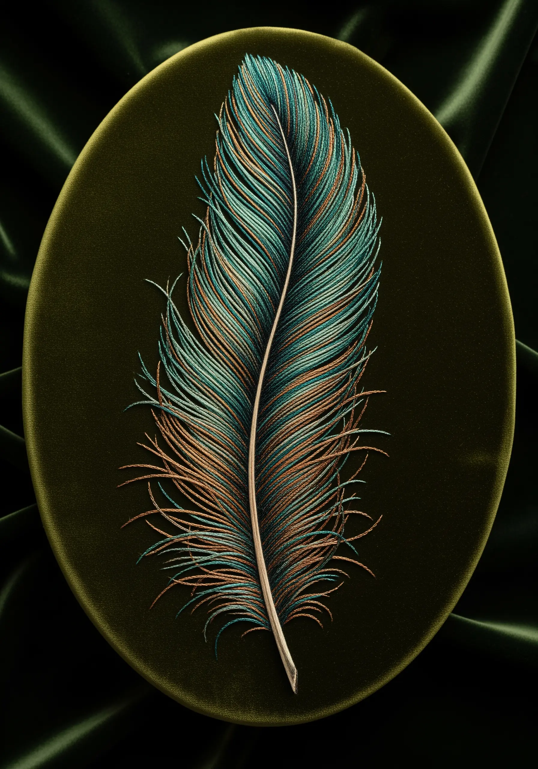 An exquisitely detailed embroidered feather with iridescent teal and copper threads on green velvet.
