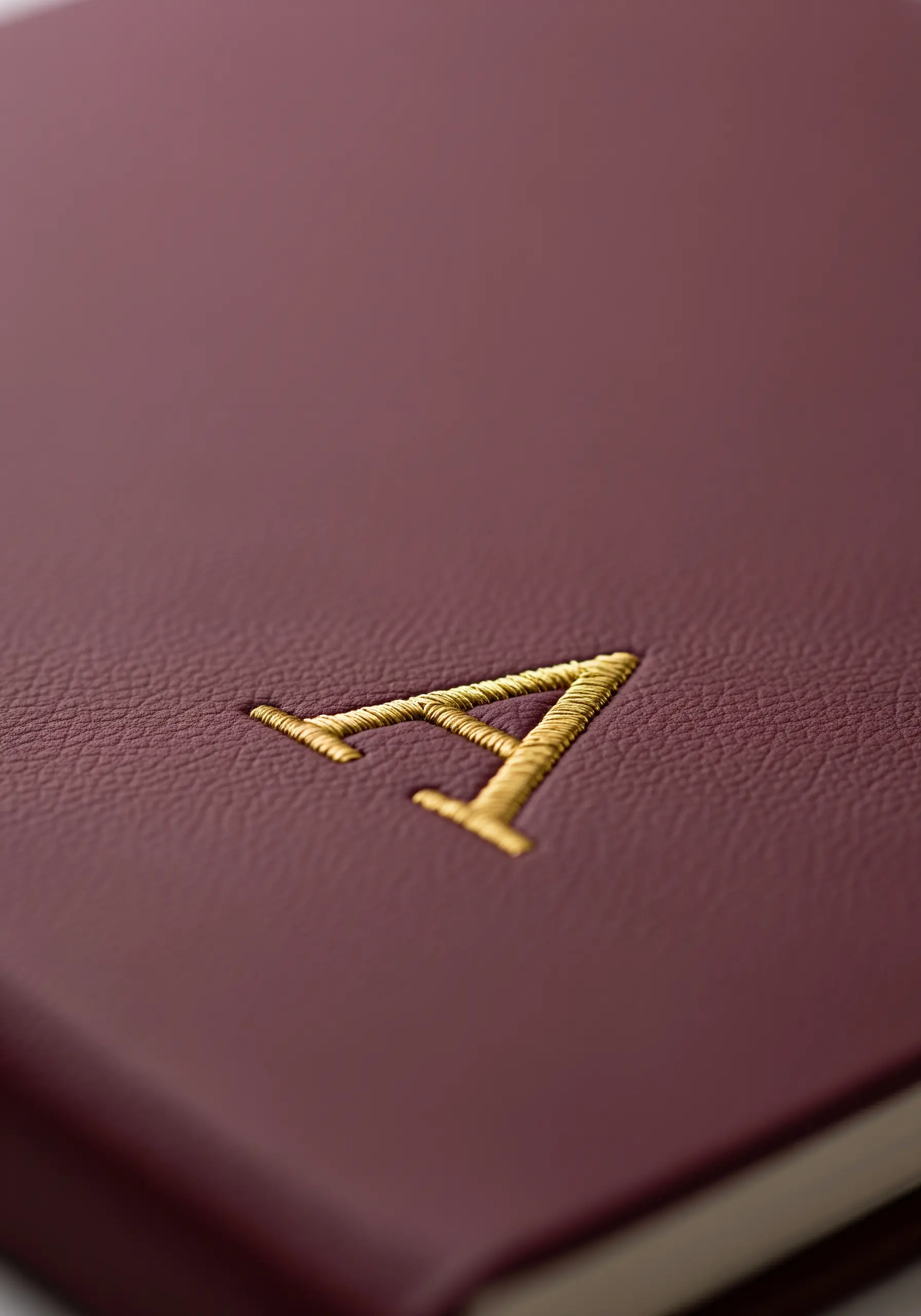 A close-up of a gold satin-stitched letter 'A' on a burgundy leather-like notebook.