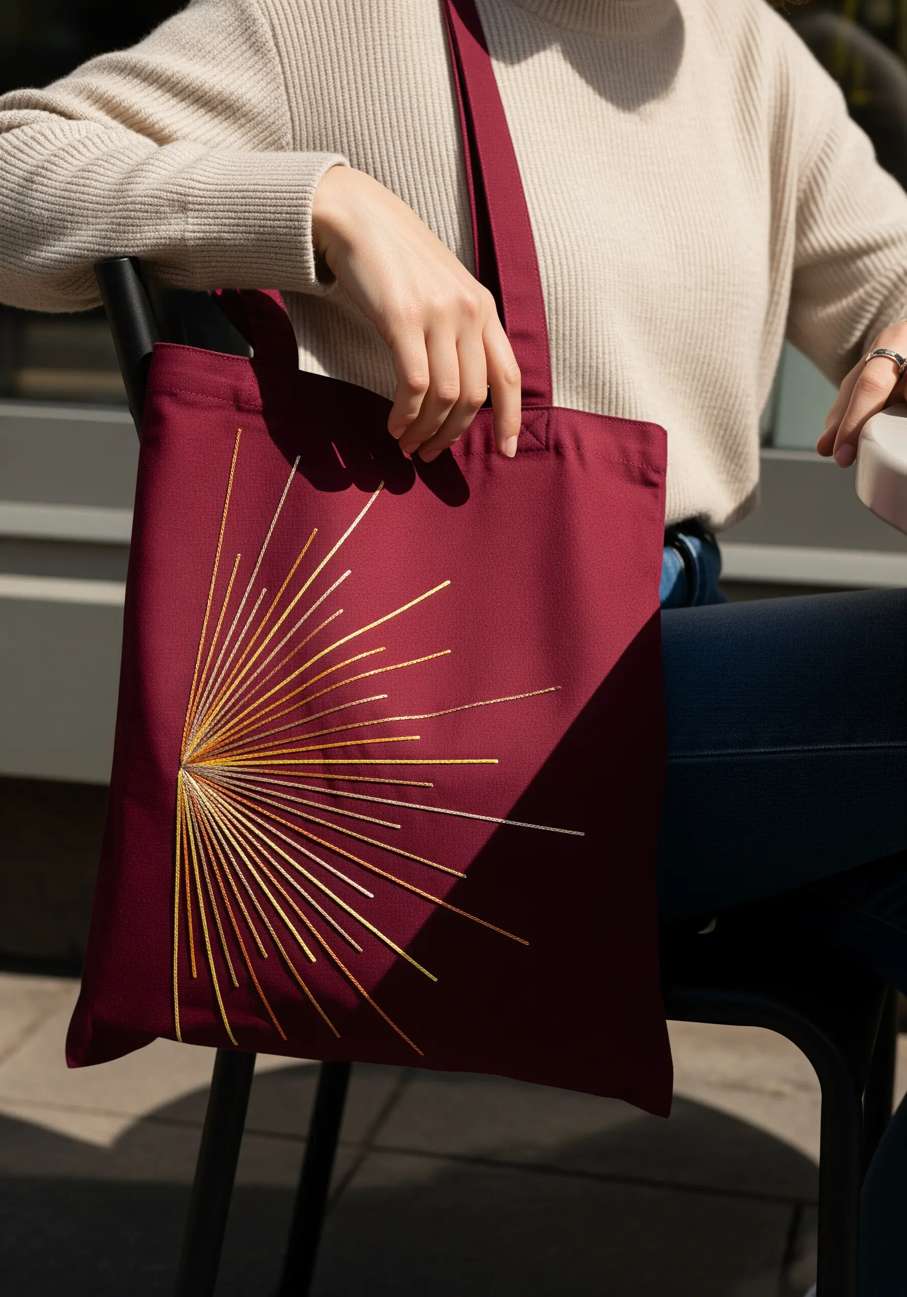 A minimalist sunburst in gold metallic thread radiating from the corner of a burgundy tote