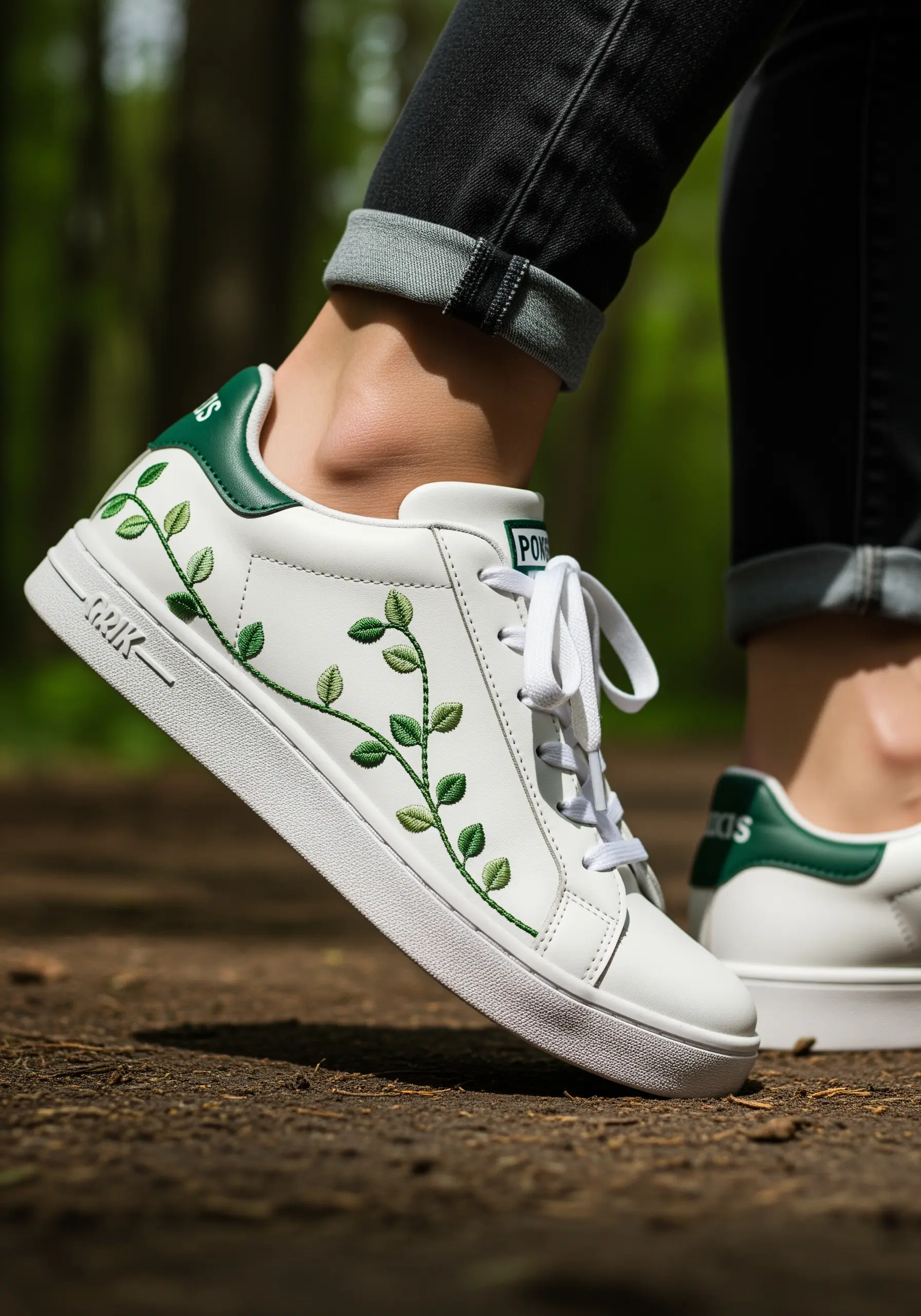 A simple, climbing vine with two-tone green leaves embroidered on a white leather sneaker.