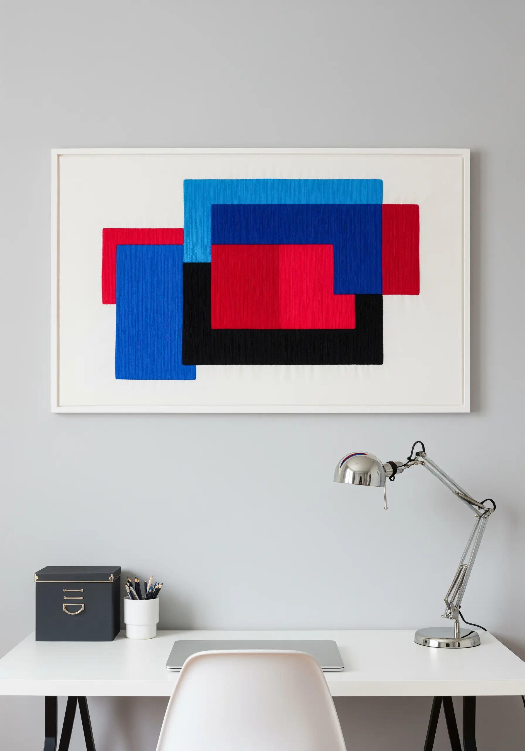 Abstract wall art with overlapping blocks of red, blue, and black satin stitch.