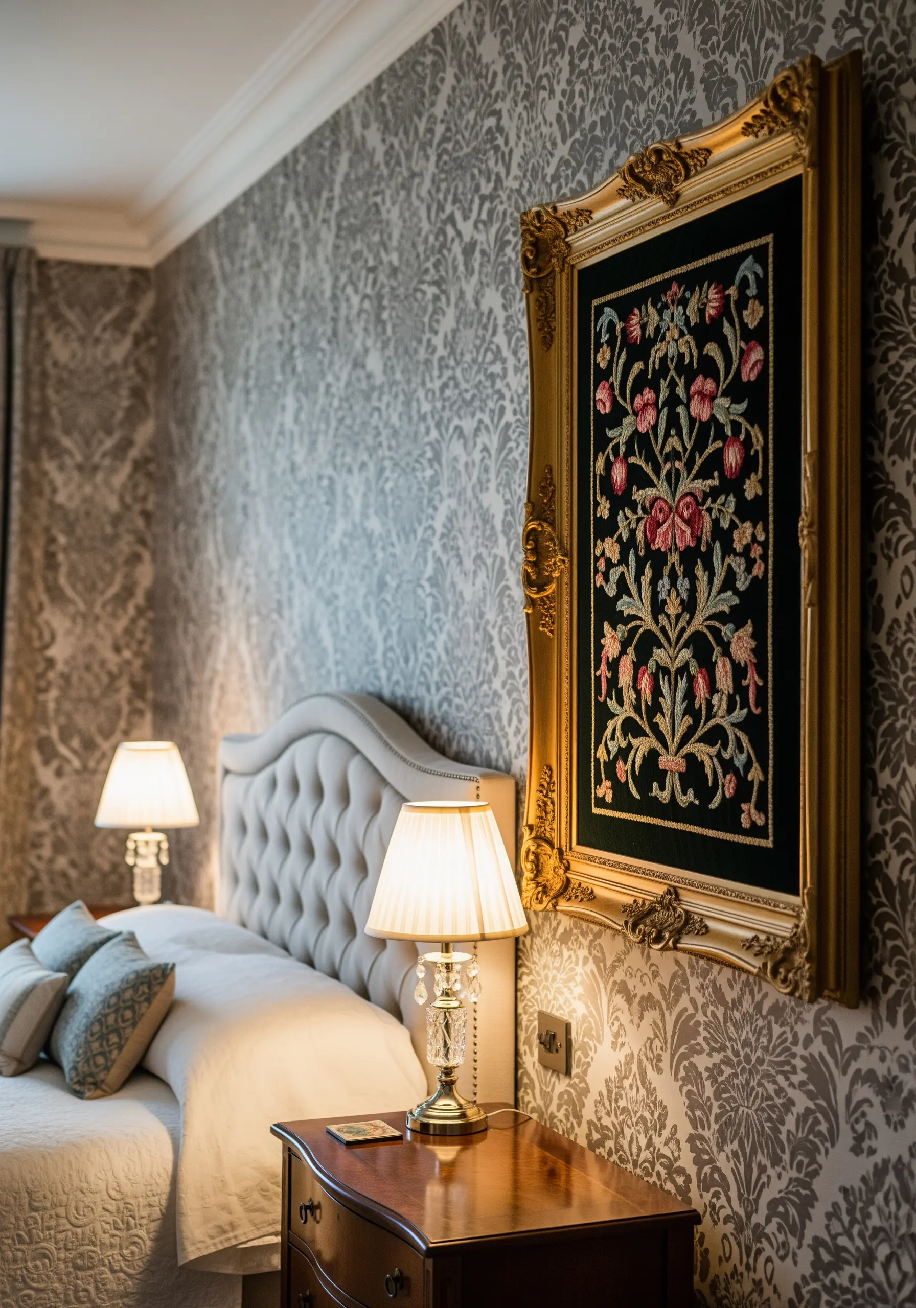 An ornate gold-framed floral embroidery on black velvet, in a classic, luxurious bedroom.