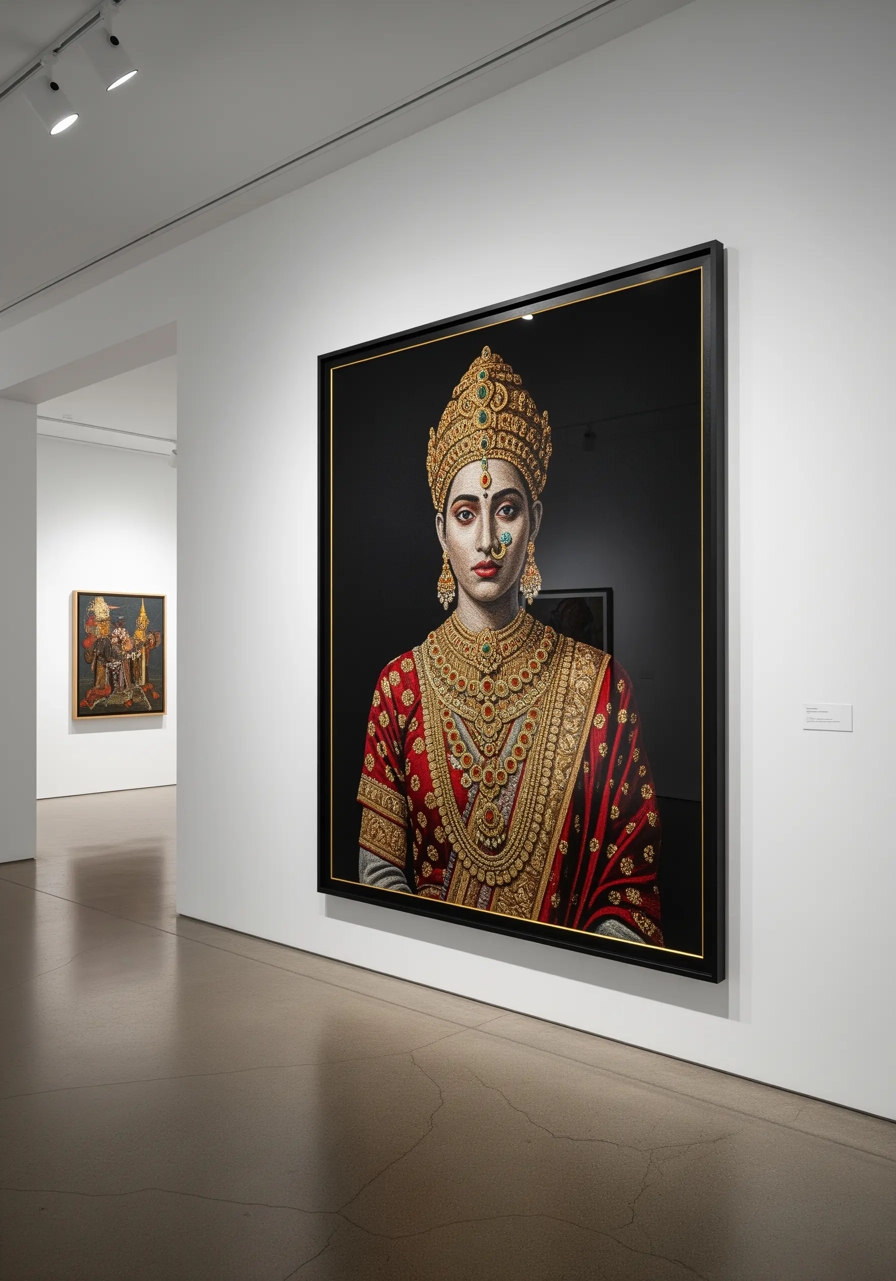 Framed embroidery of an Indian woman in ornate traditional attire, displayed in a gallery.