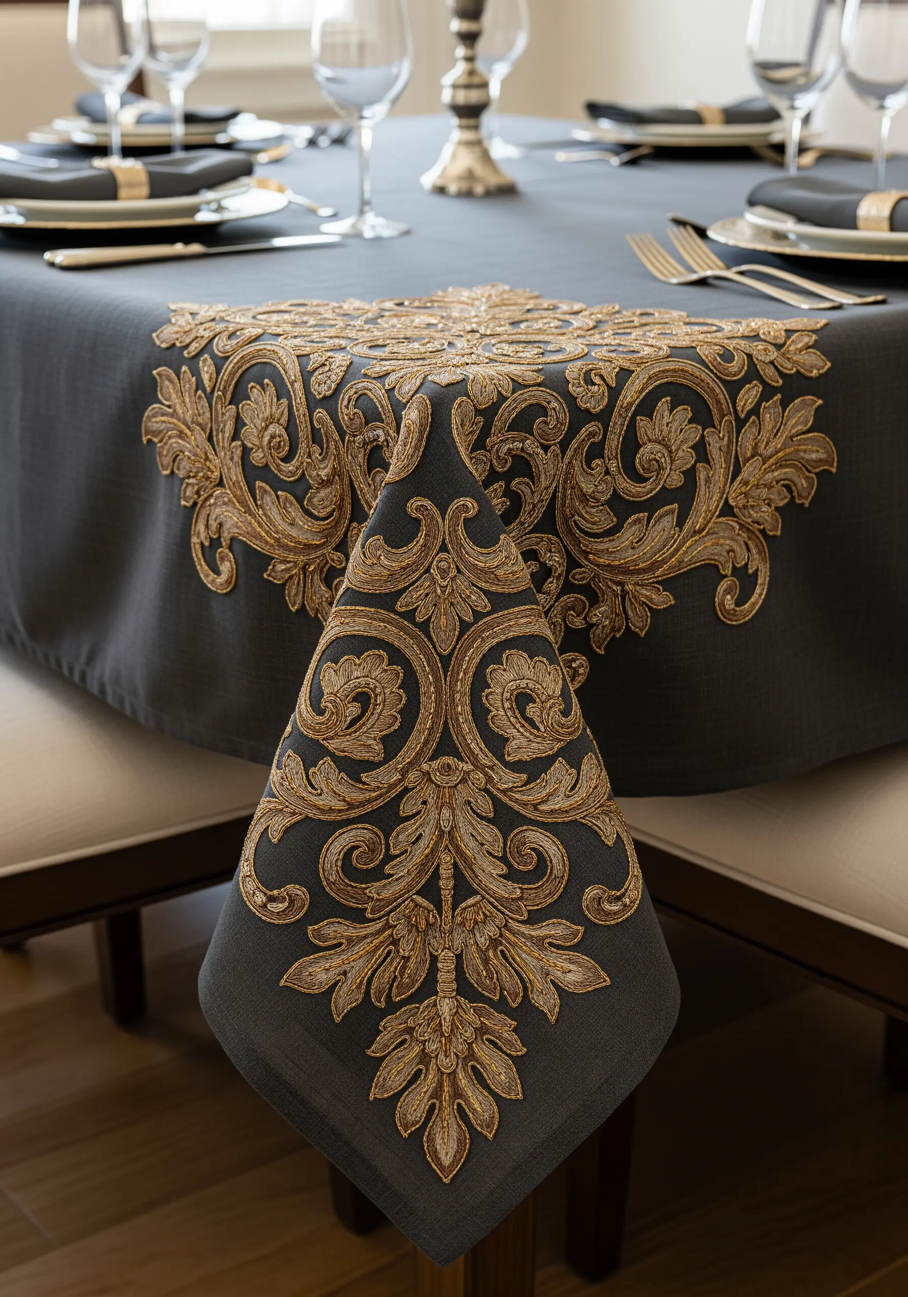 A charcoal grey tablecloth with a heavy, dimensional baroque pattern embroidered in gold metallic thread.