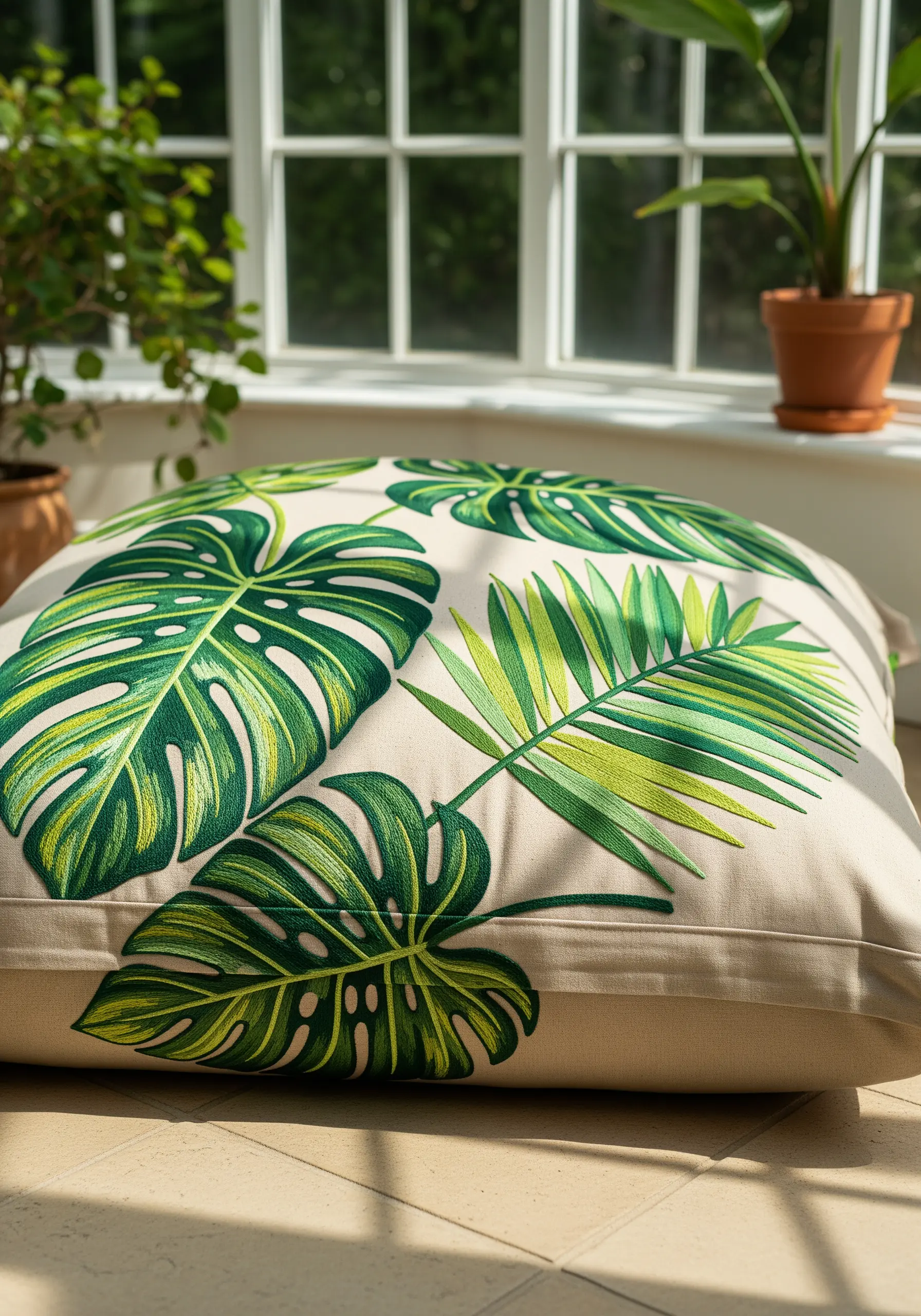 Large, realistic monstera and palm leaves with smooth color gradients on a floor cushion.