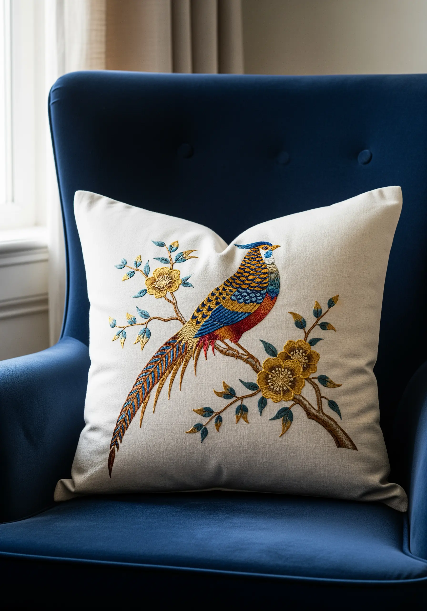 Detailed thread-painted pheasant with vibrant color blending on a white cushion.