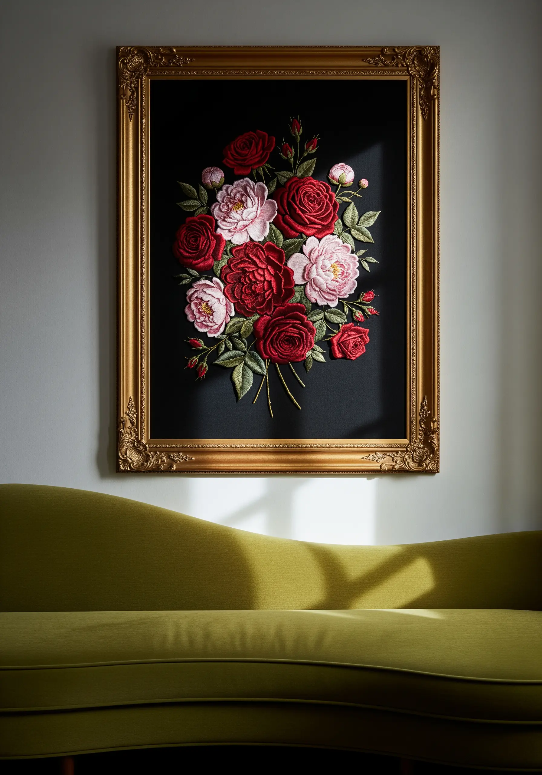 Hyper-realistic red and pink roses embroidered on black fabric in an ornate gold frame.