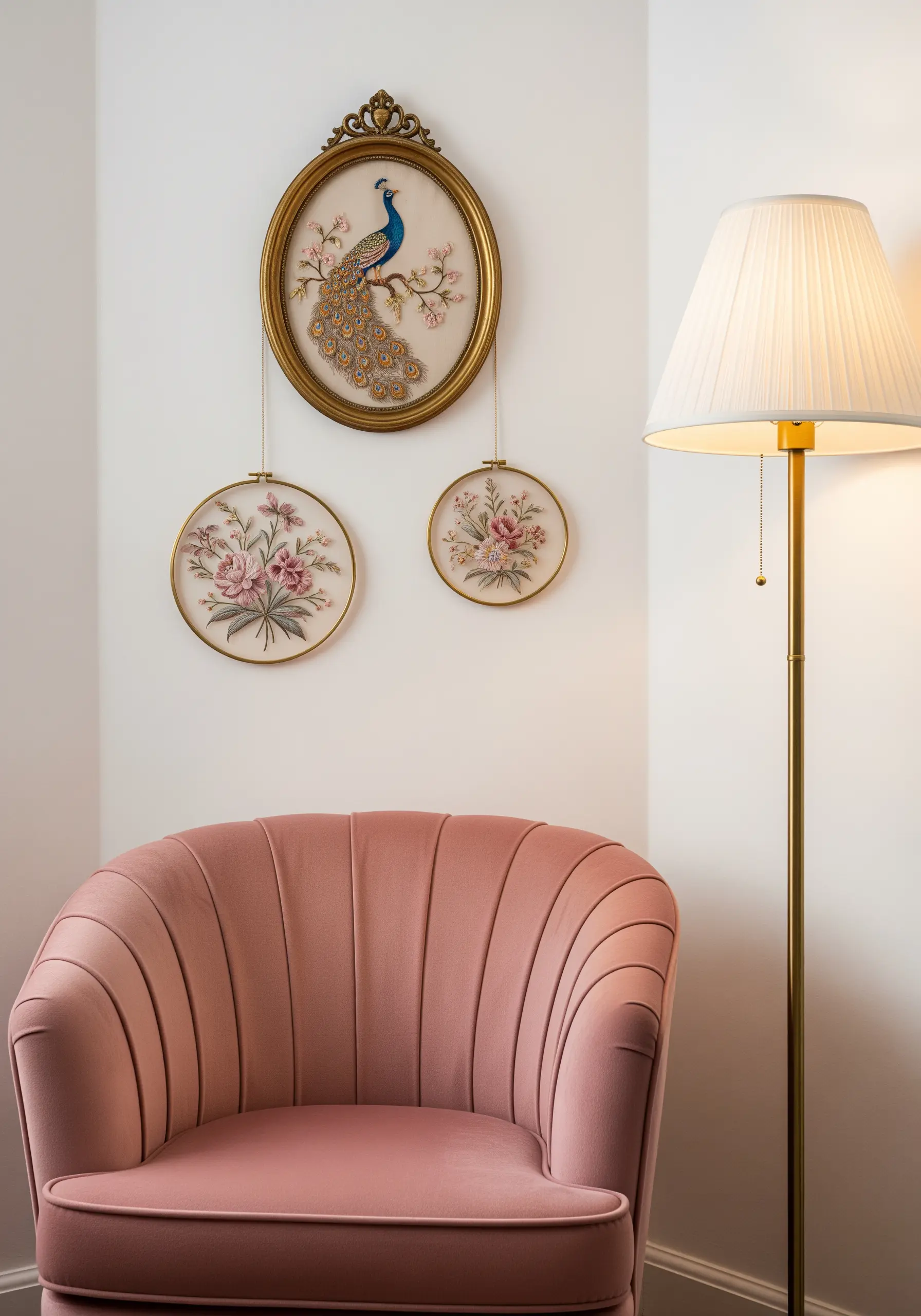 Three delicate floral embroidery pieces, one in an ornate oval frame, on a white wall.