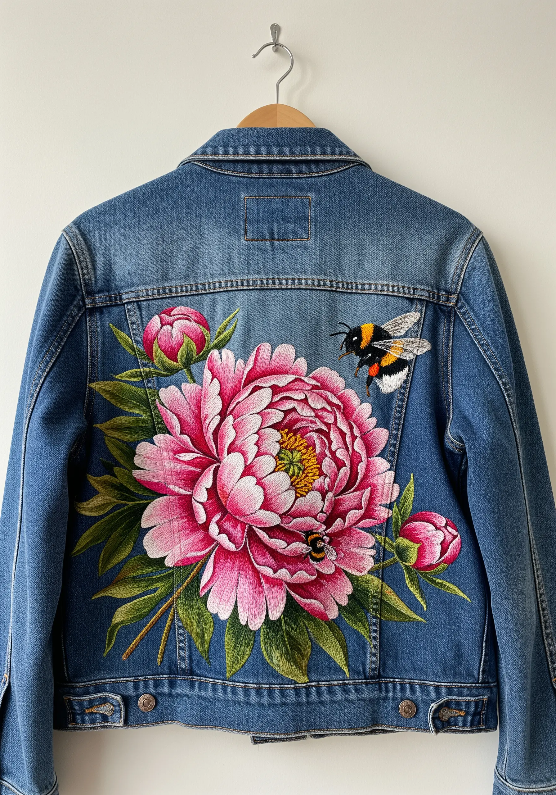 The back of a denim jacket featuring a large, realistic thread-painted pink peony and bees.