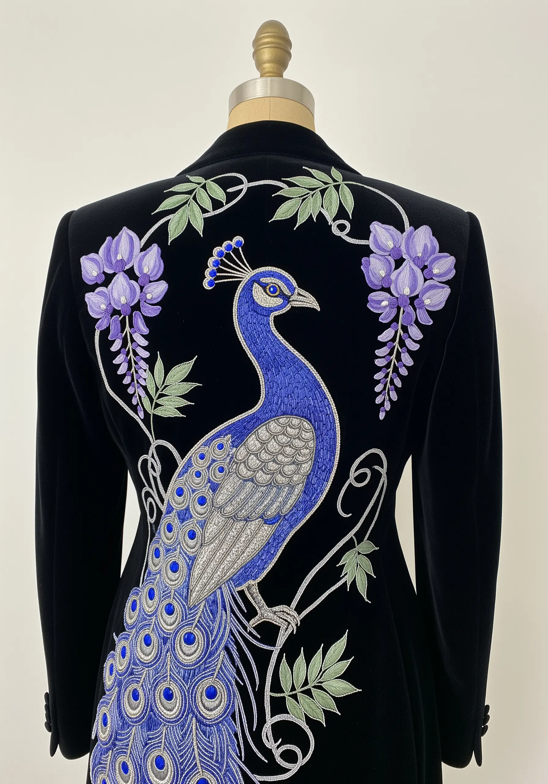 Thread-painted peacock with blended blues and silver on the back of a black velvet jacket.