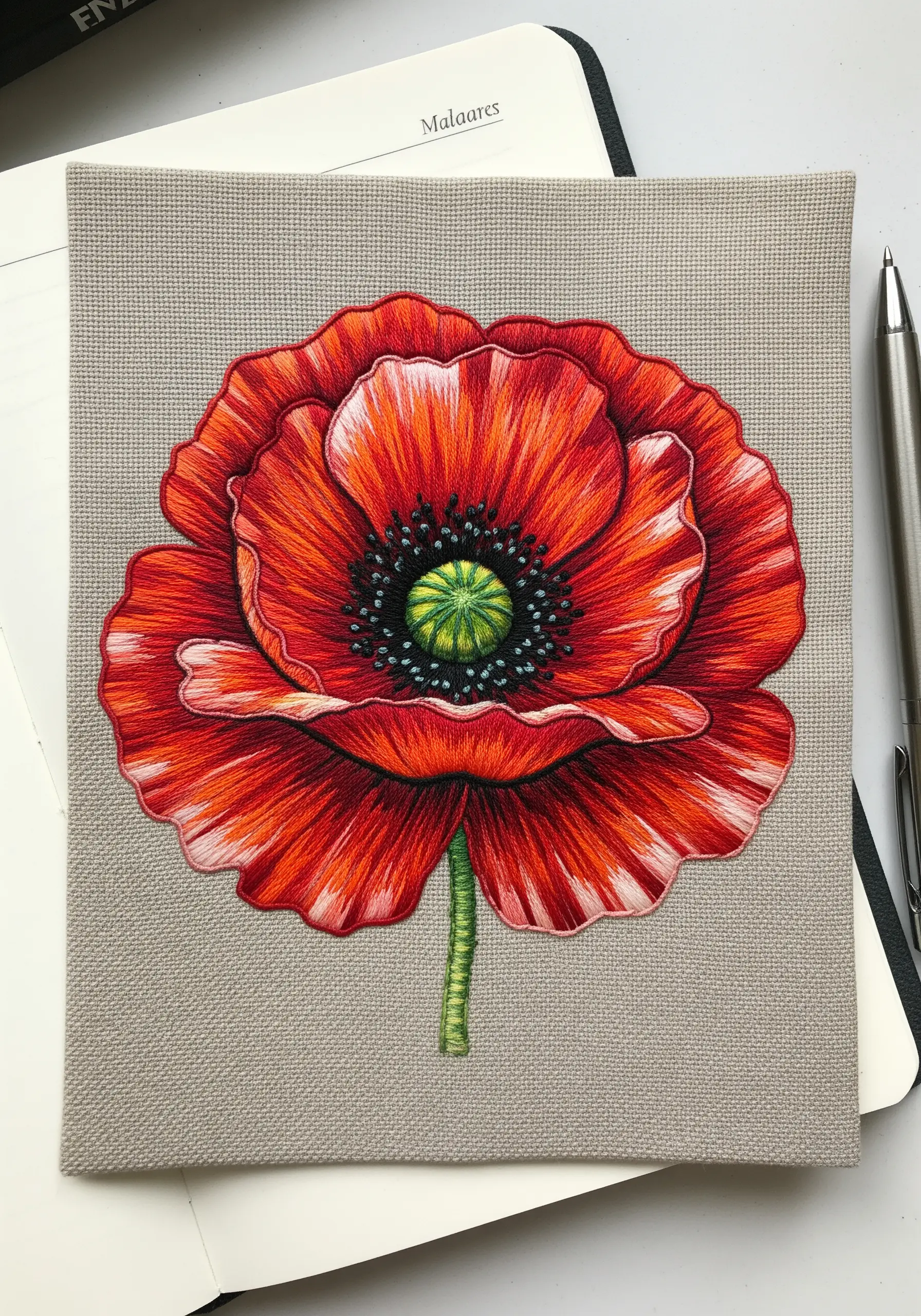A hyper-realistic red poppy created with the long-and-short thread painting stitch technique.