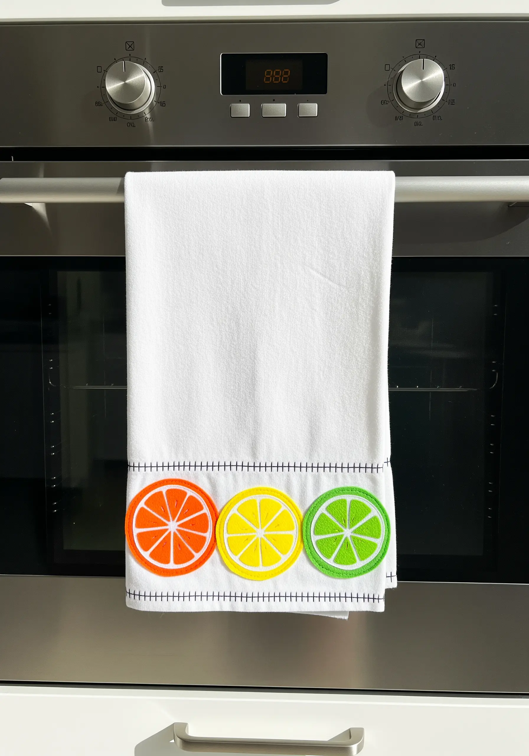 A white kitchen towel decorated with appliqué citrus slices in orange, yellow, and lime.