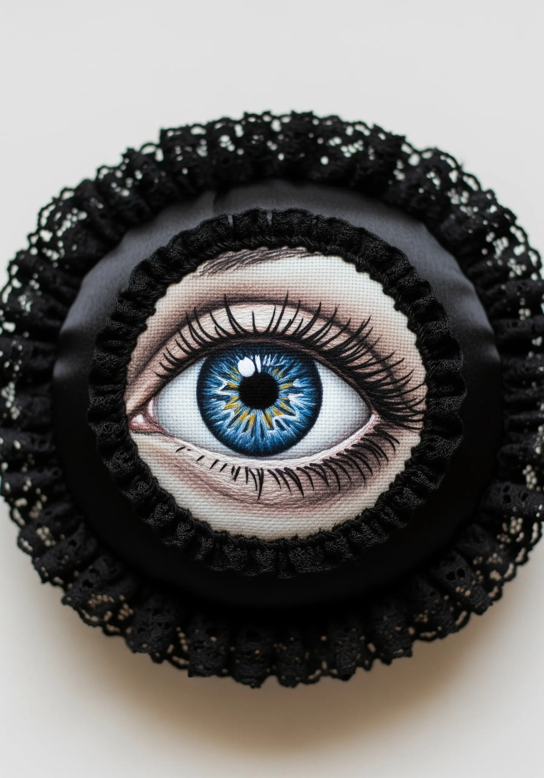 A highly realistic, detailed blue eye embroidered on a small, round cushion with black lace trim.