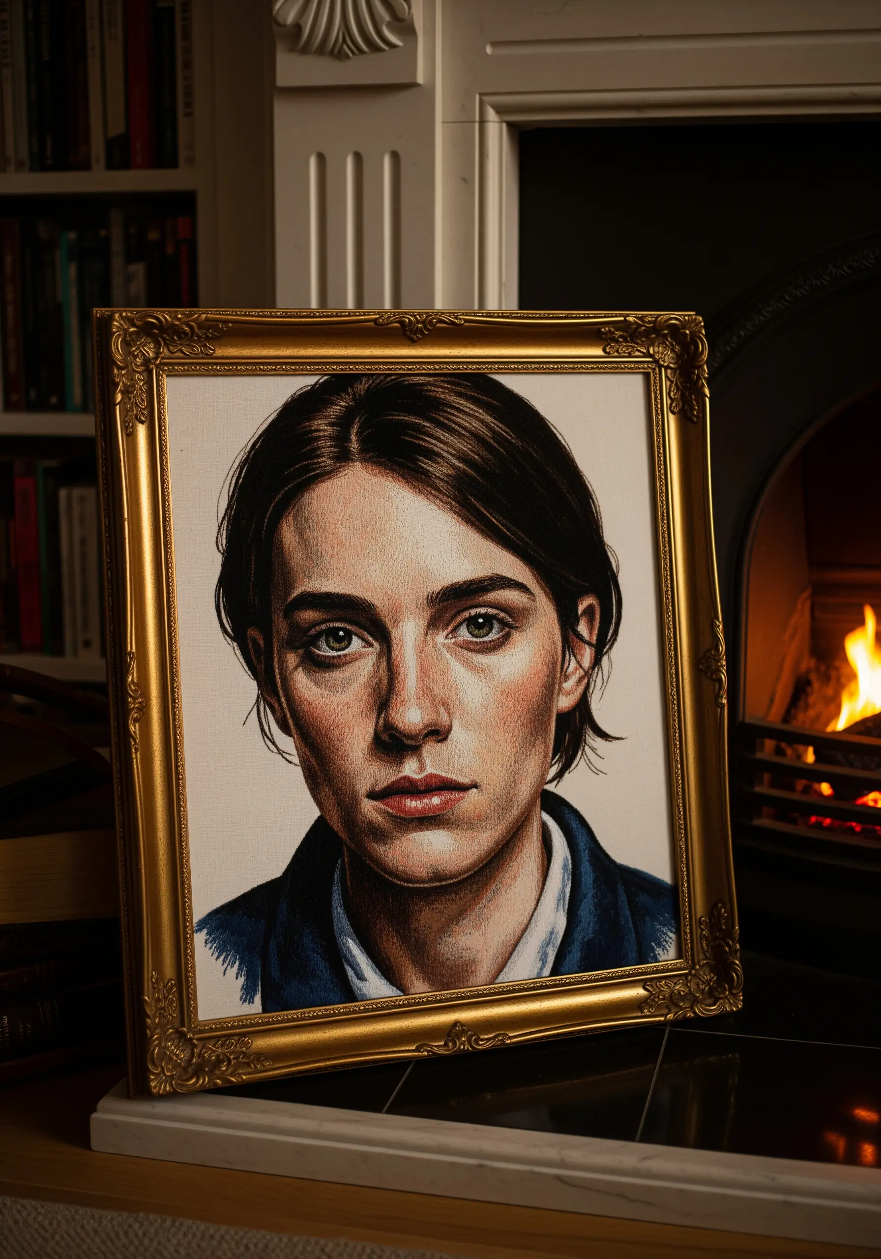 Photorealistic thread-painted portrait of a woman in an ornate gold frame.