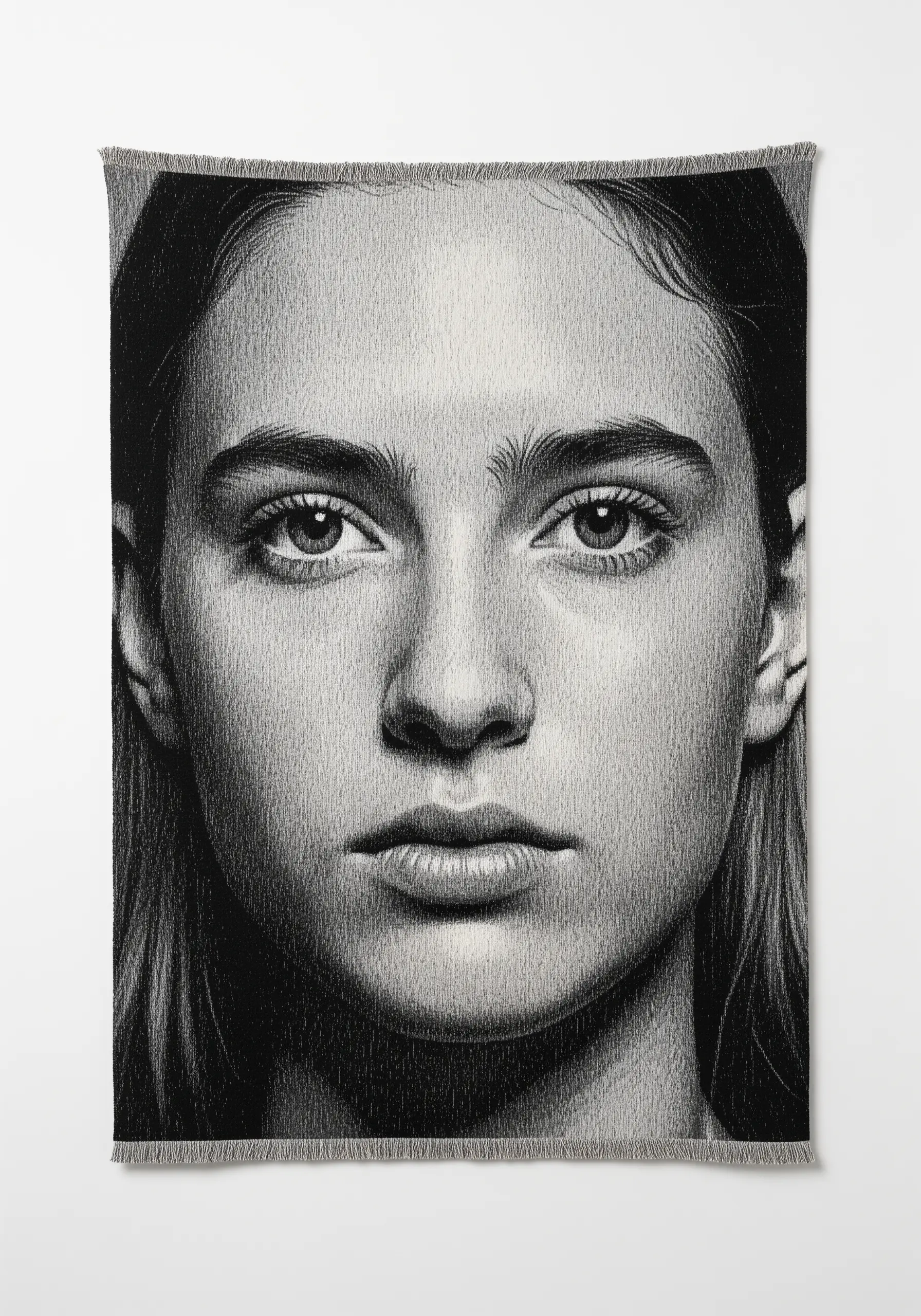 A photorealistic black and white woven blanket featuring a detailed portrait of a young woman.