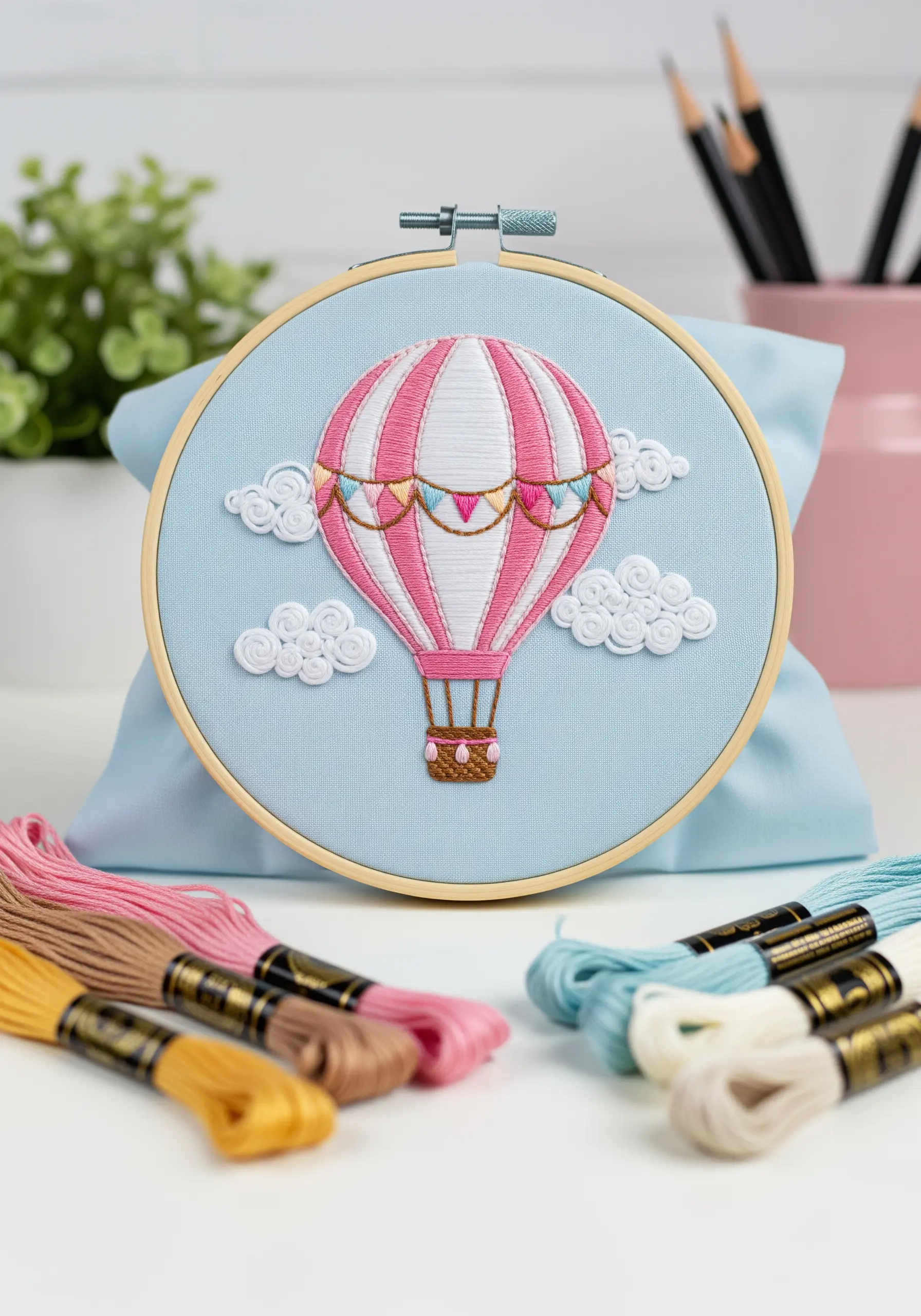 A detailed hot air balloon embroidery with smooth, whipped backstitch outlines and French knot clouds.