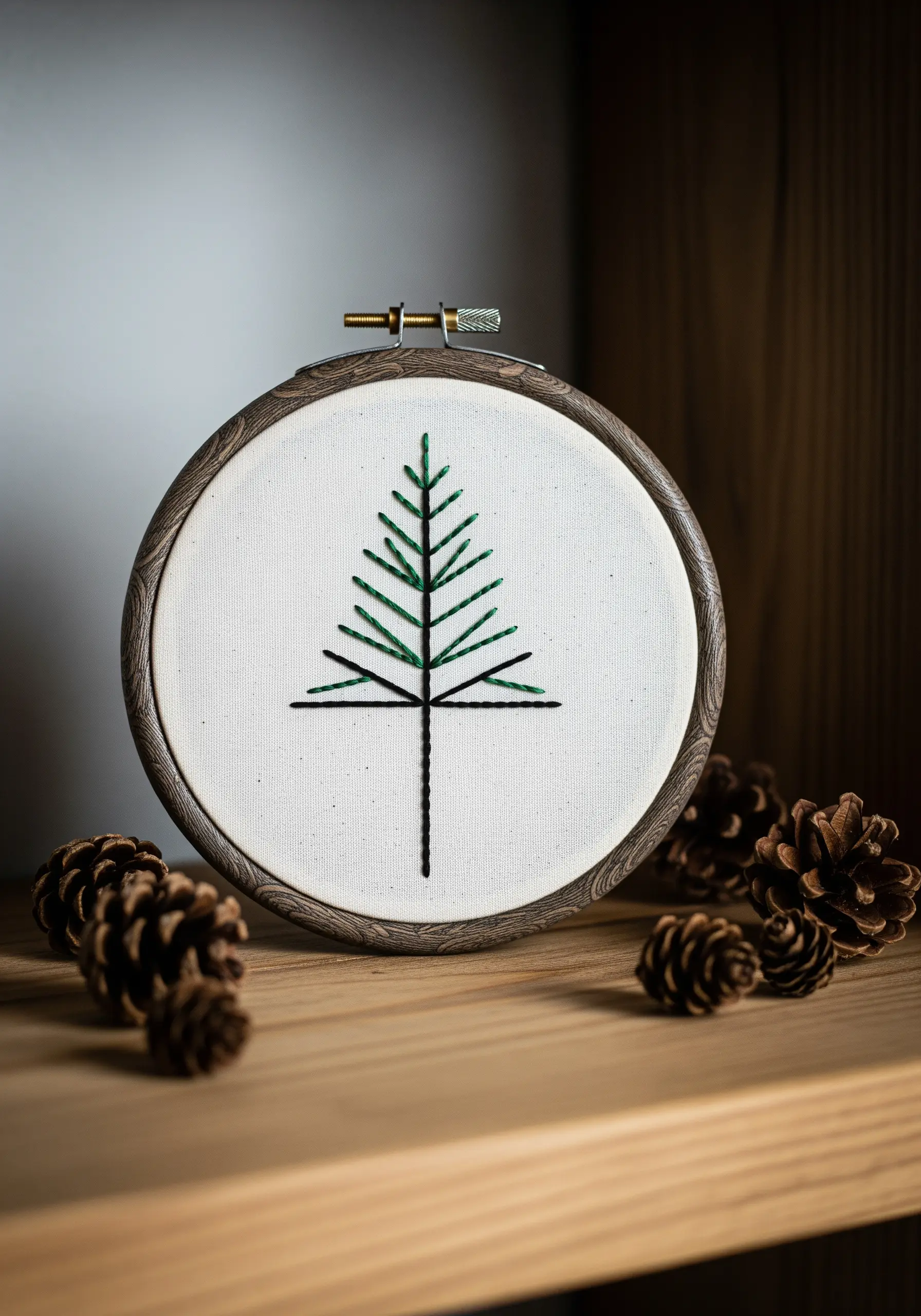 A minimalist, geometric pine tree embroidered with green and black straight stitches in a dark hoop.