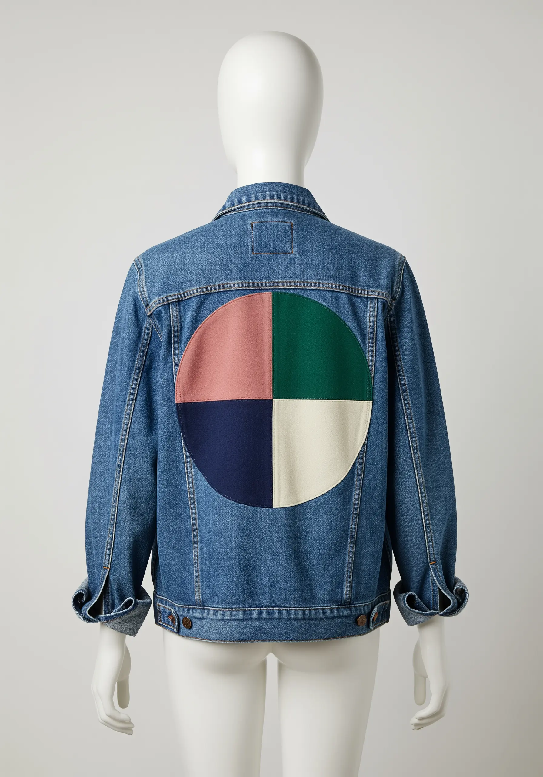 A large circular appliqué design divided into four distinct color quadrants.