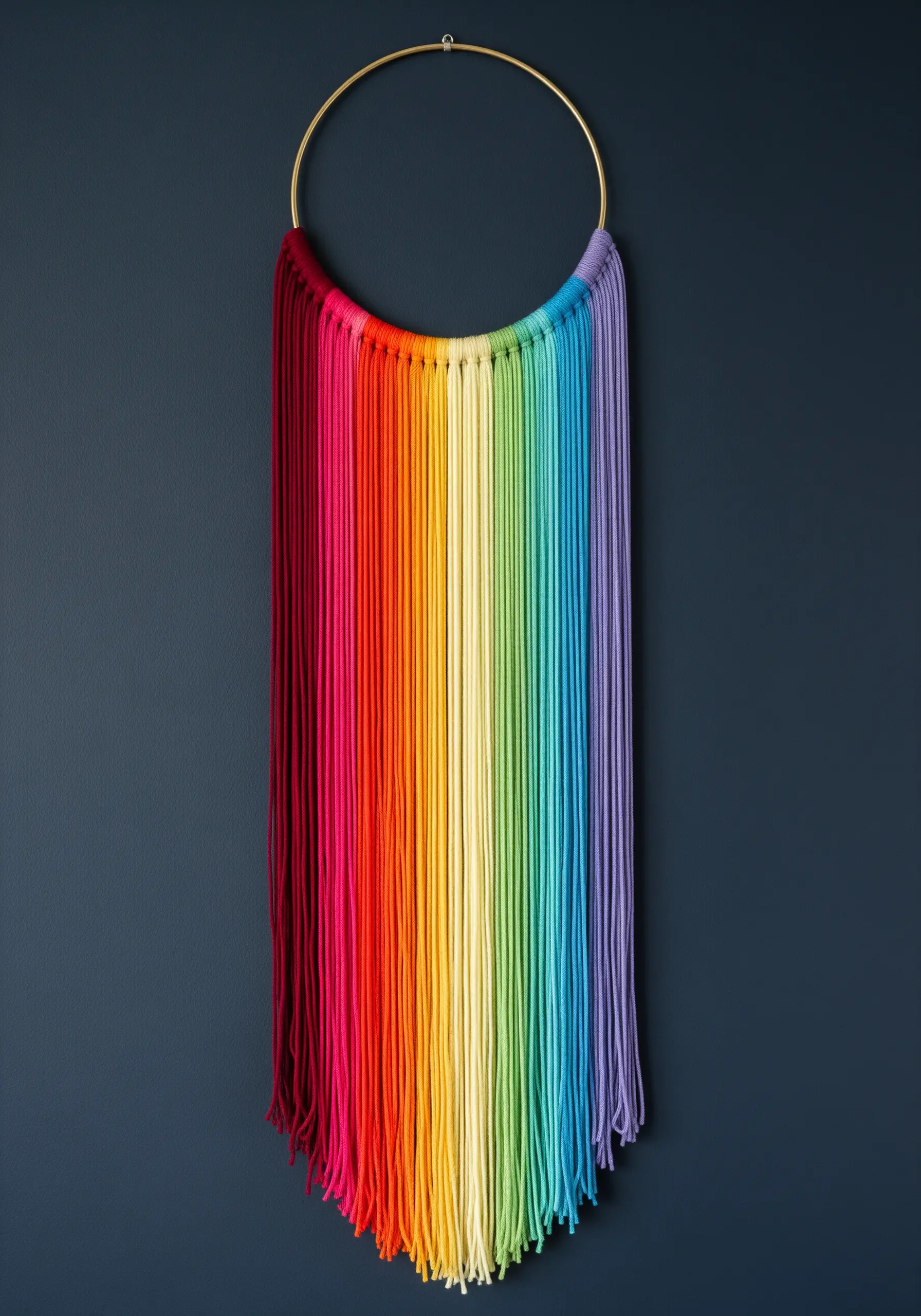 A yarn wall hanging on a gold hoop featuring a rainbow gradient with a V-shaped fringe.