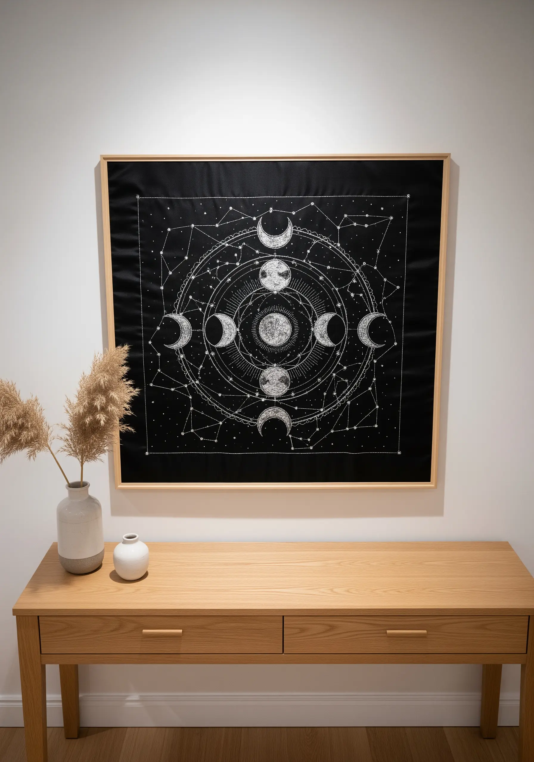Framed black fabric with a white thread celestial mandala showing moon phases.