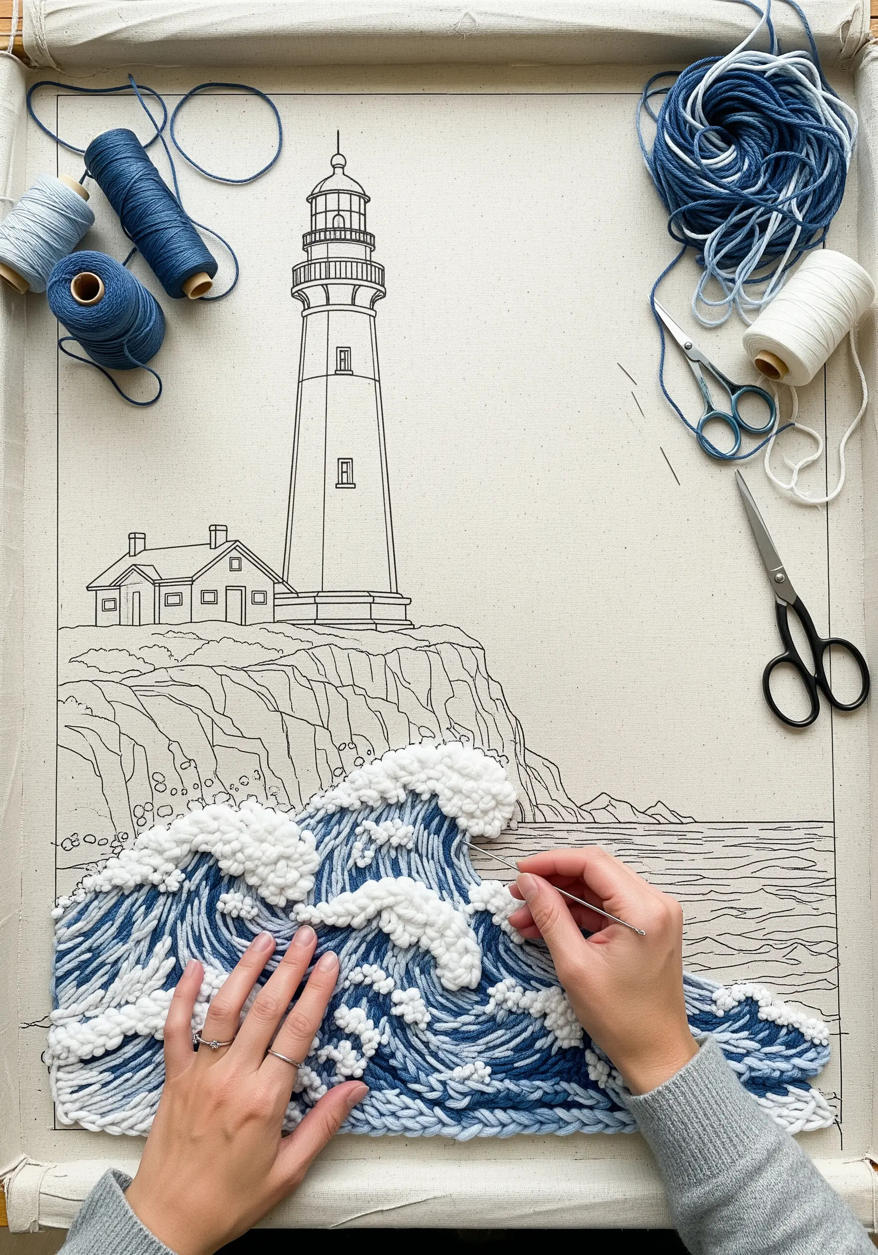 A person working on a large punch needle piece of a lighthouse and crashing waves.