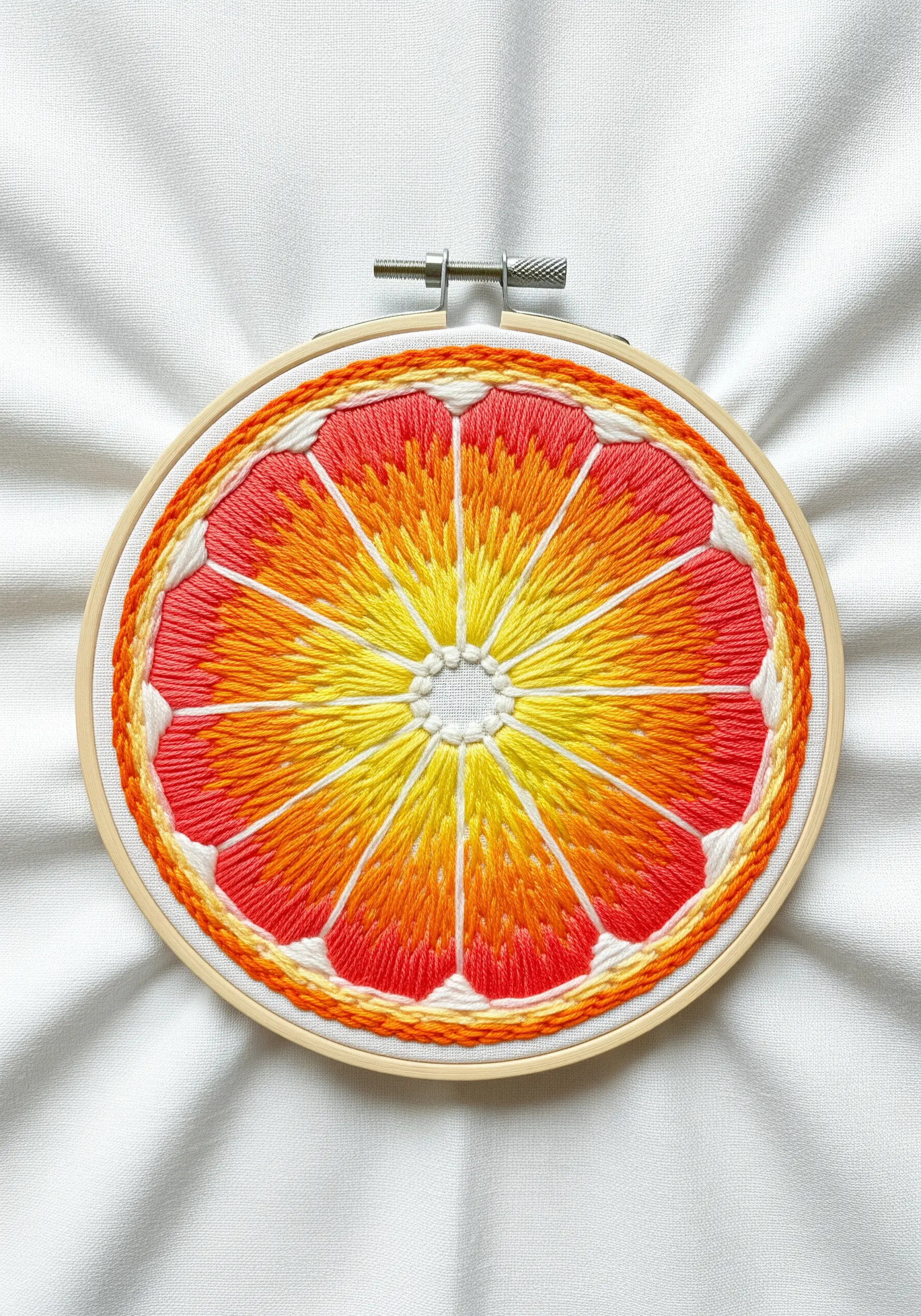 Embroidery of a citrus slice with perfectly blended red, orange, and yellow segments.