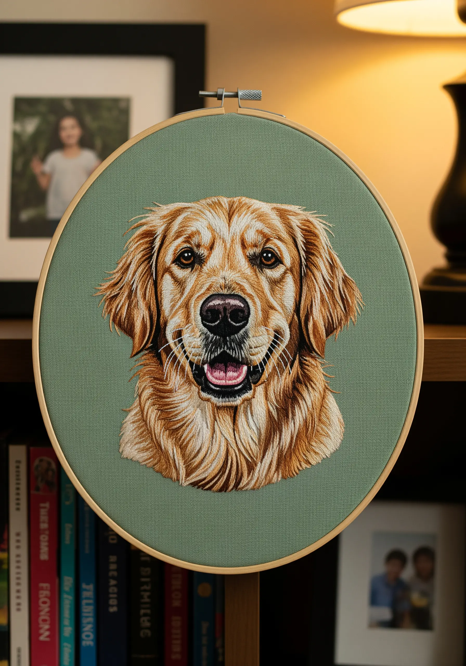 A highly realistic thread-painted portrait of a golden retriever in an embroidery hoop.