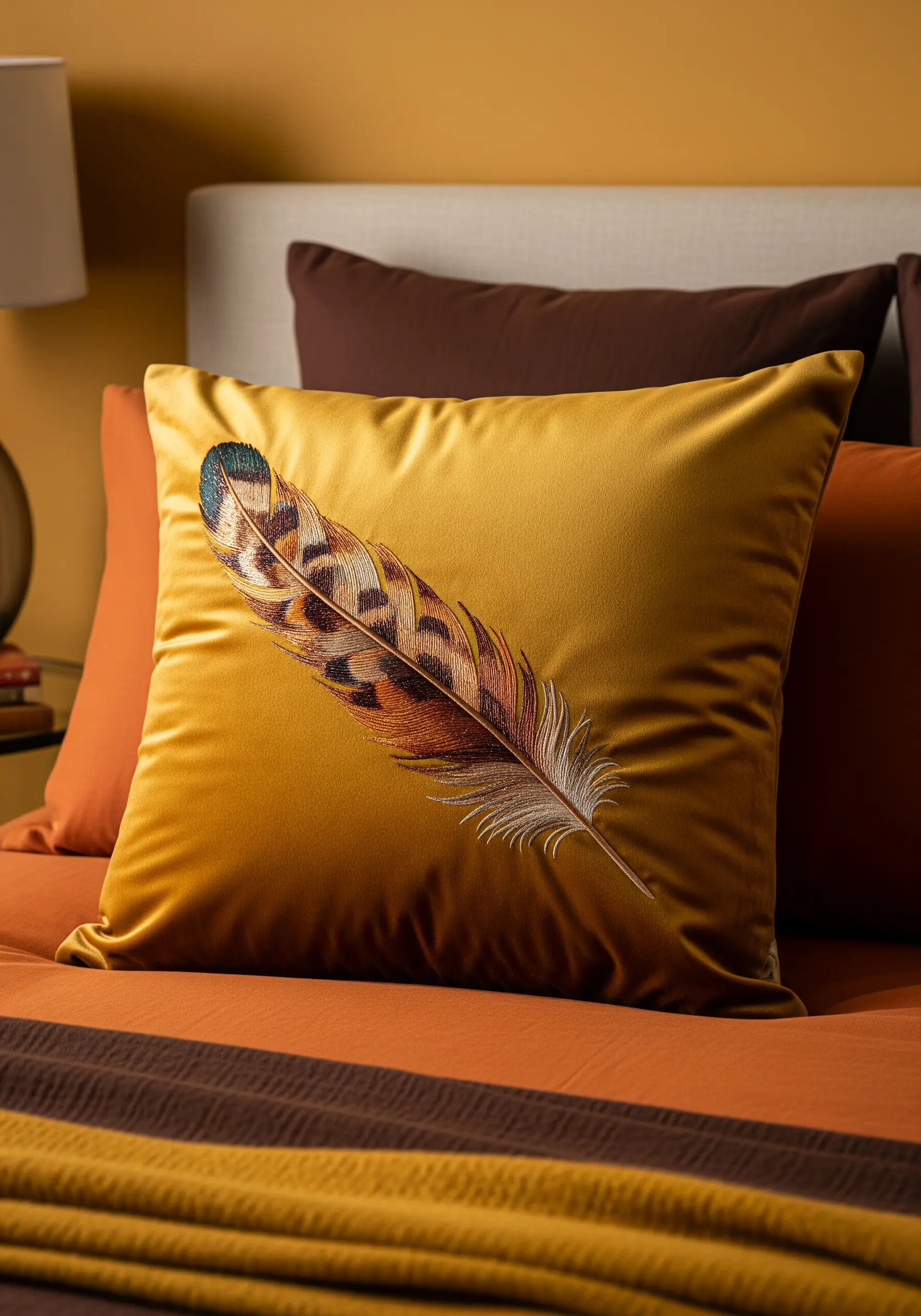 A golden satin pillow with a hyper-realistic, thread-painted feather in shades of brown and cream.