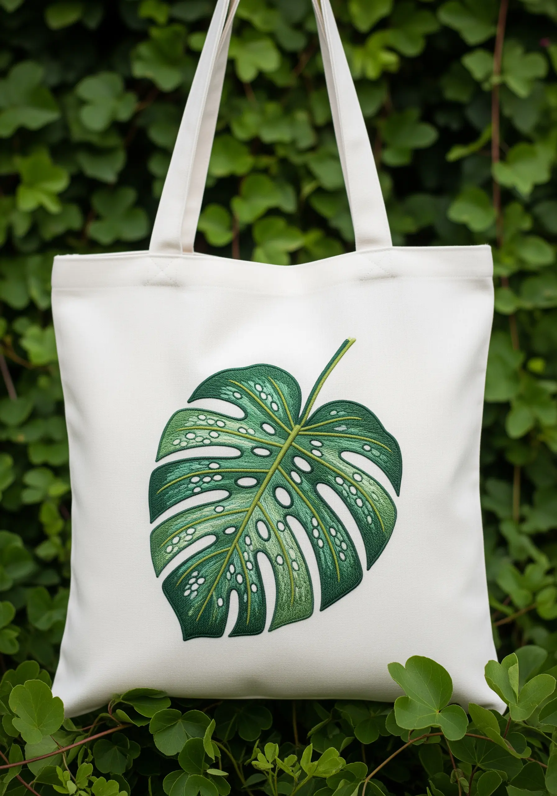 A realistic embroidered monstera leaf with water droplets on a white tote bag