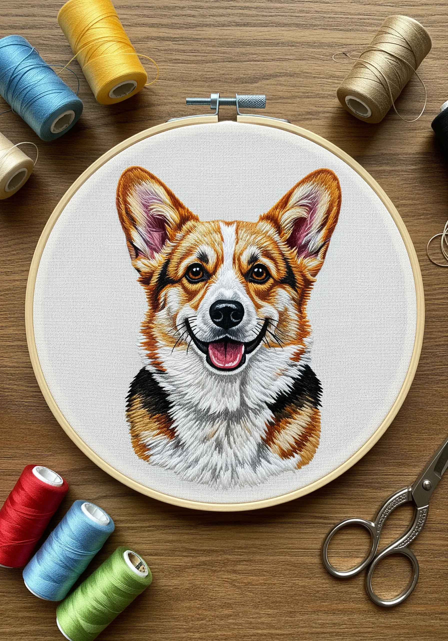Hyper-realistic thread-painted embroidery portrait of a smiling corgi in a hoop.
