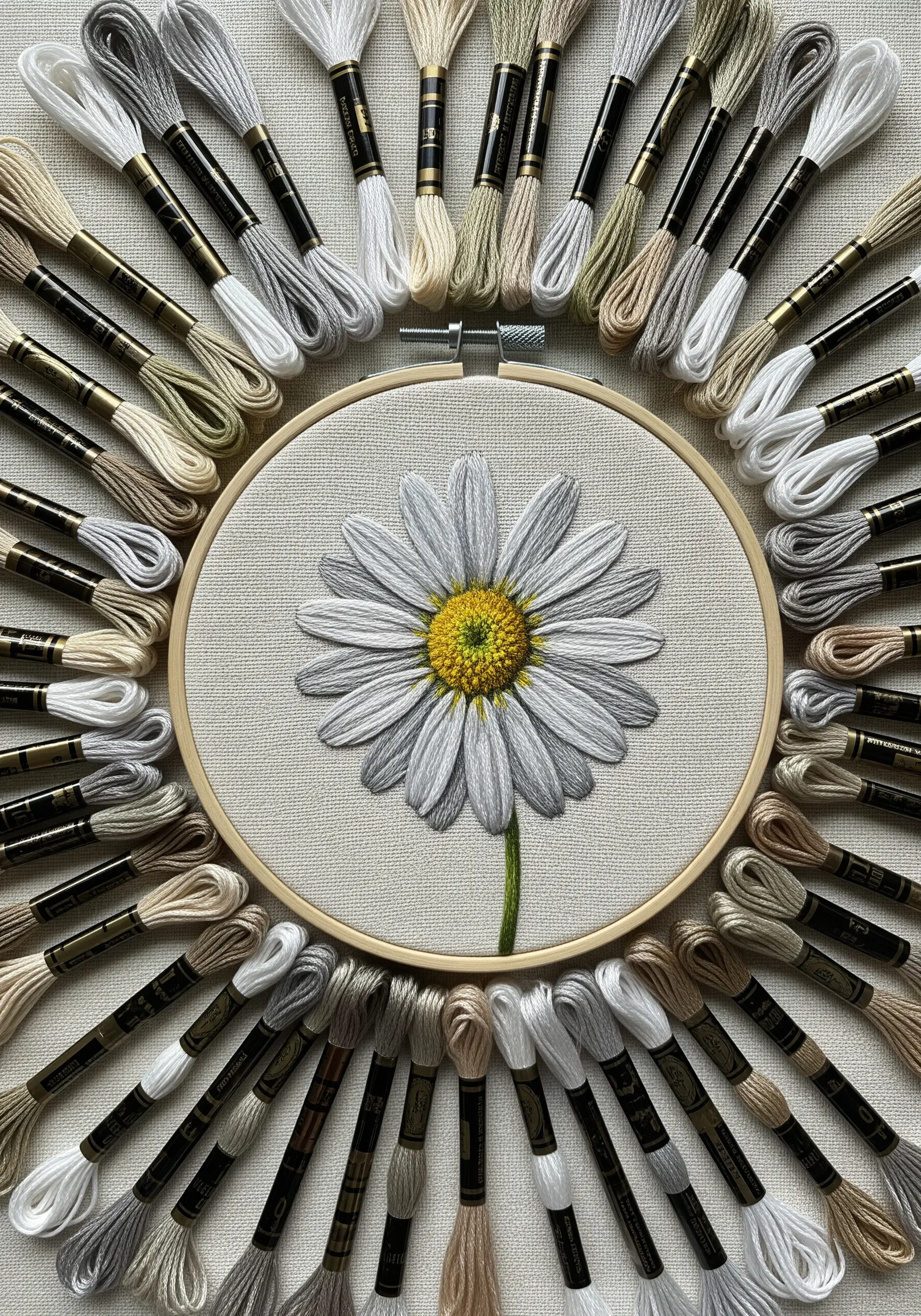 A realistic embroidered daisy with detailed thread painting on the petals and a French knot center.