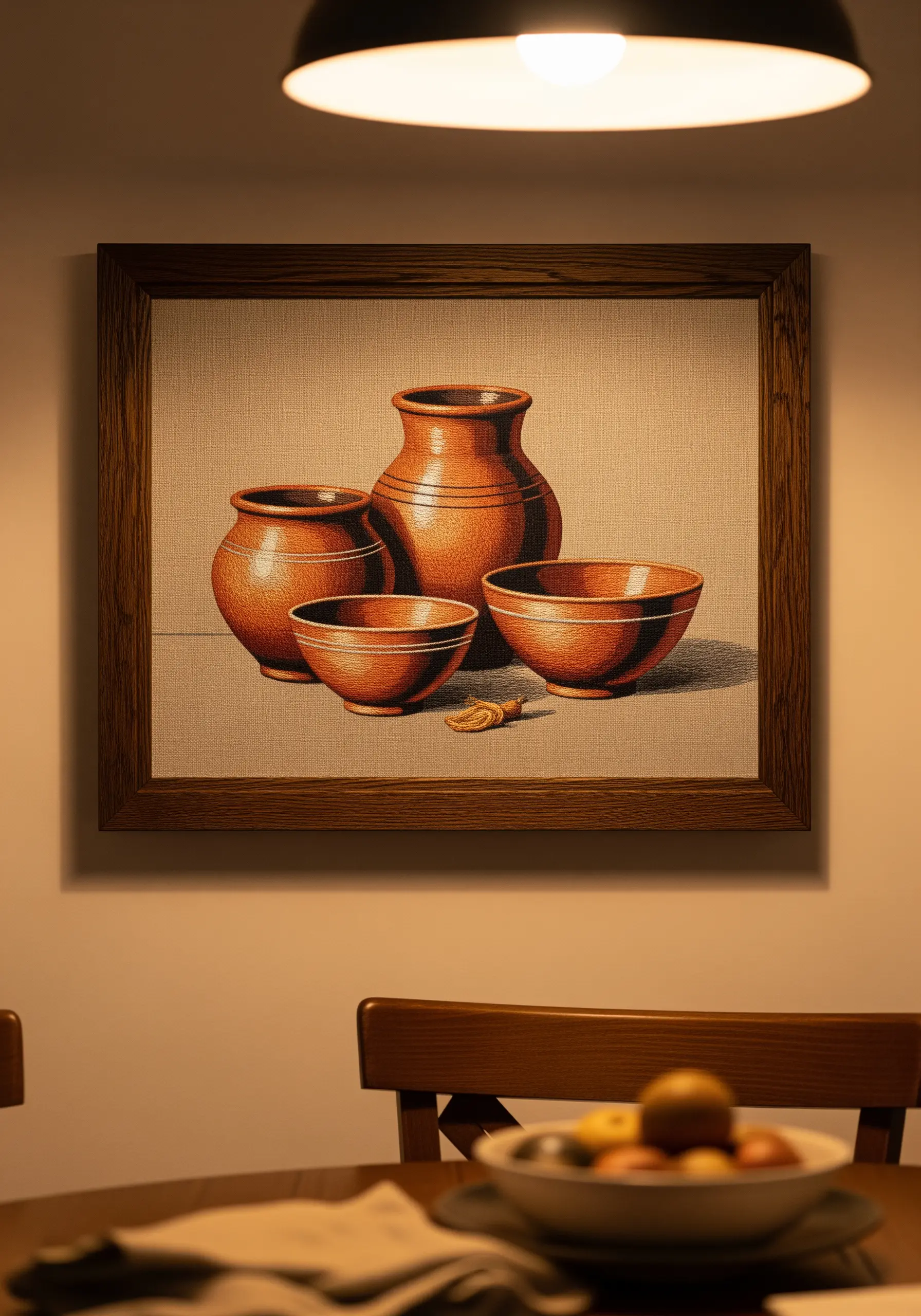 Framed thread-painted still life of terracotta pottery with realistic shading.