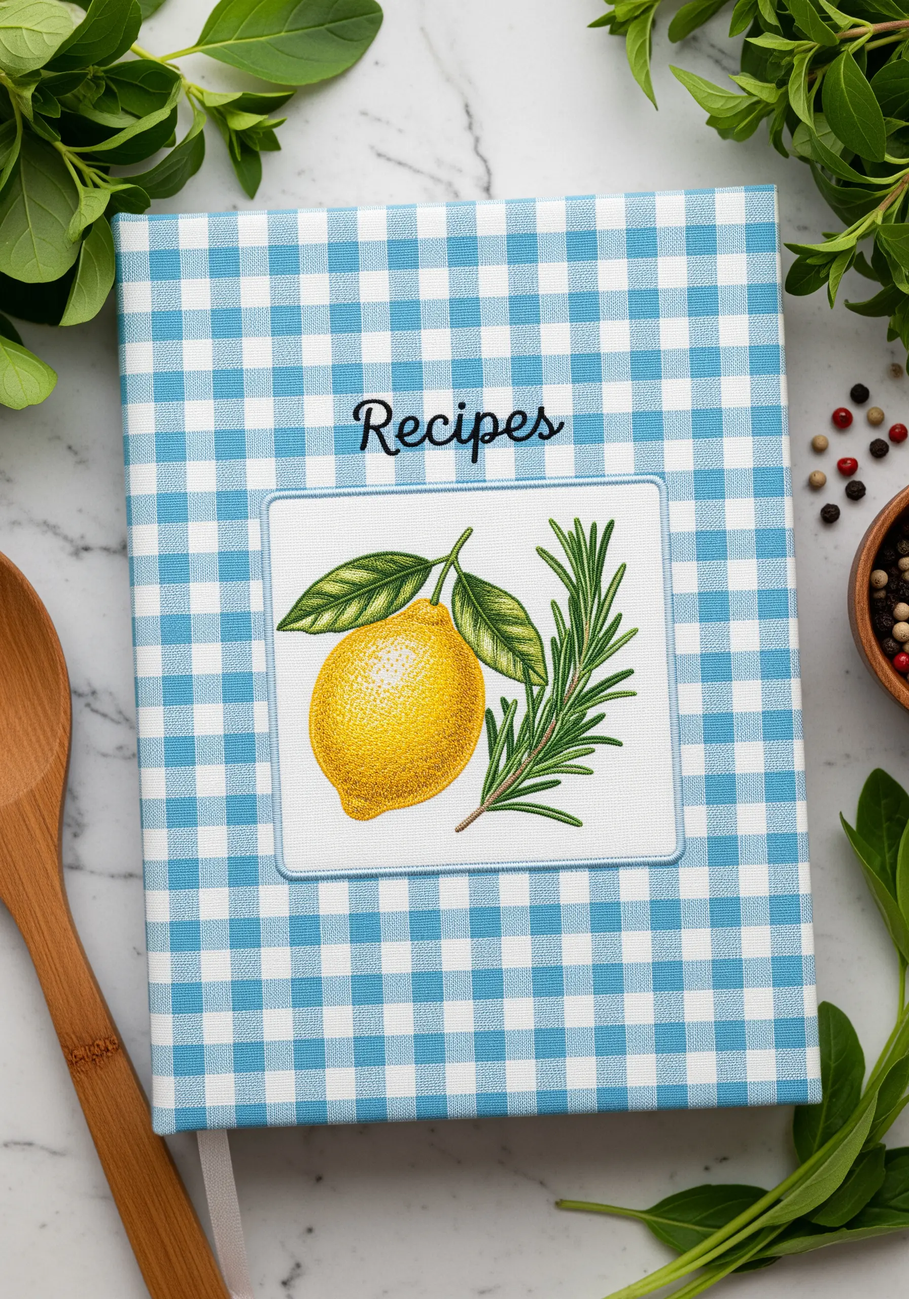 A realistic embroidered lemon and rosemary sprig on a gingham recipe journal.