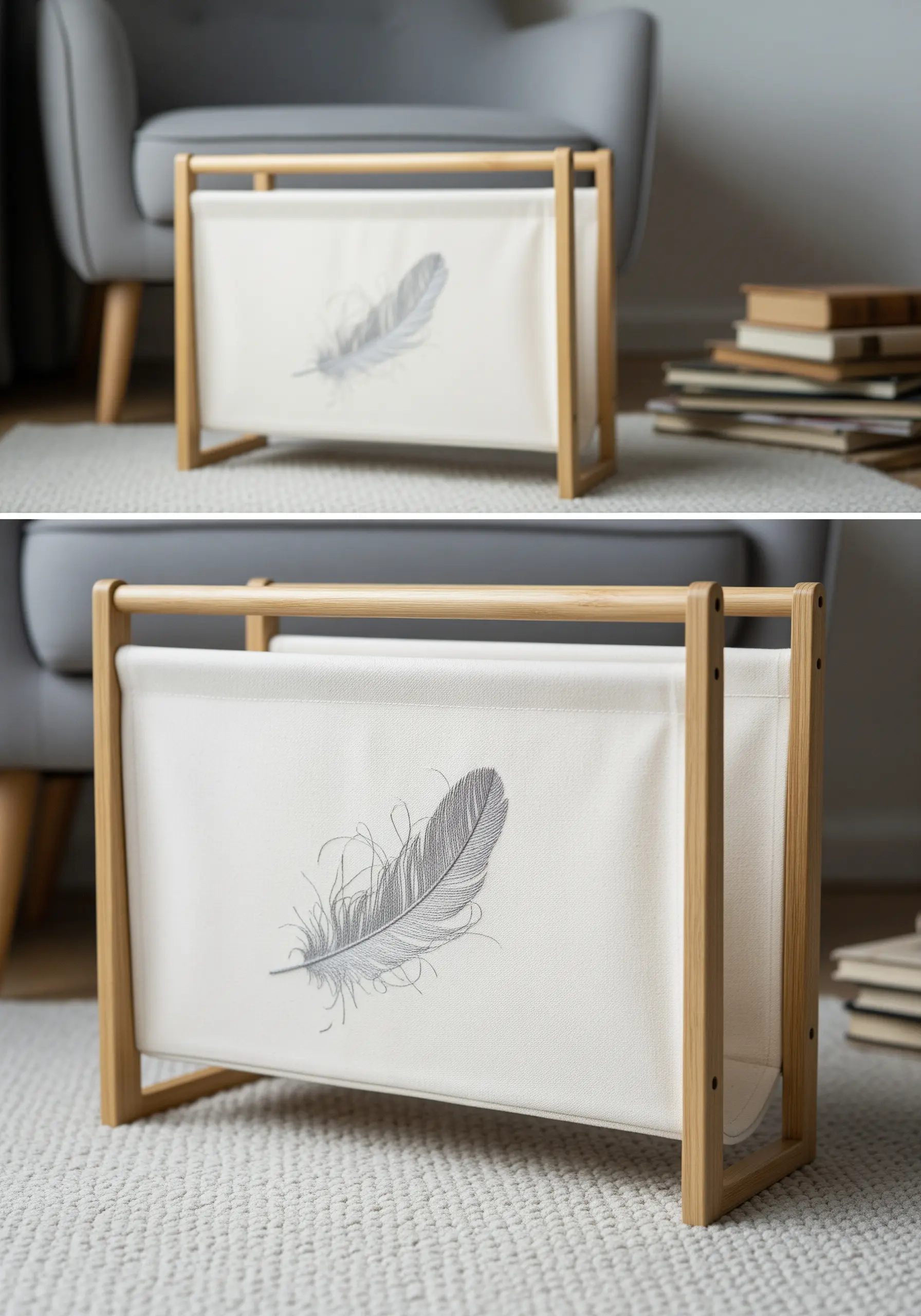 A magazine rack with a fabric sling, embroidered with a hyper-realistic gray feather.