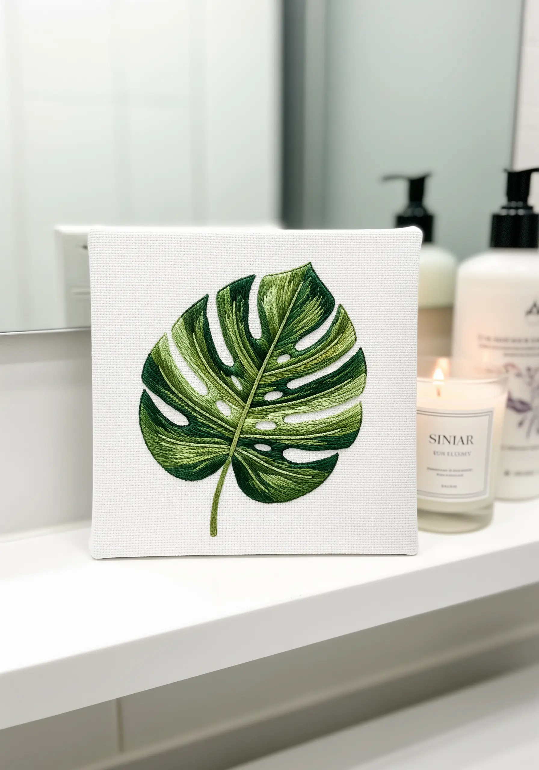 A realistic monstera leaf embroidered on a stretched canvas using thread painting techniques.