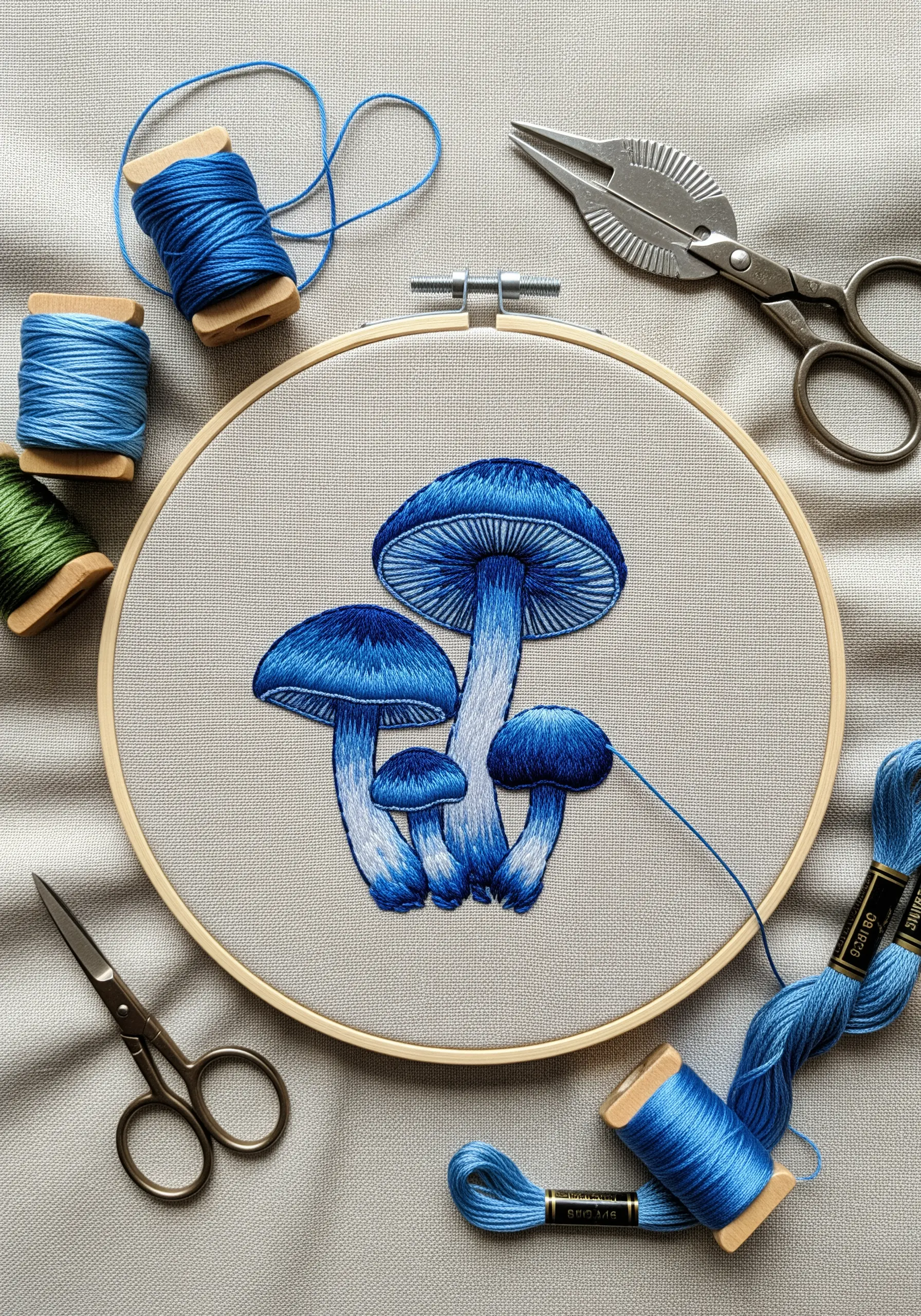 A family of blue mushrooms with realistic color gradients achieved through thread painting.