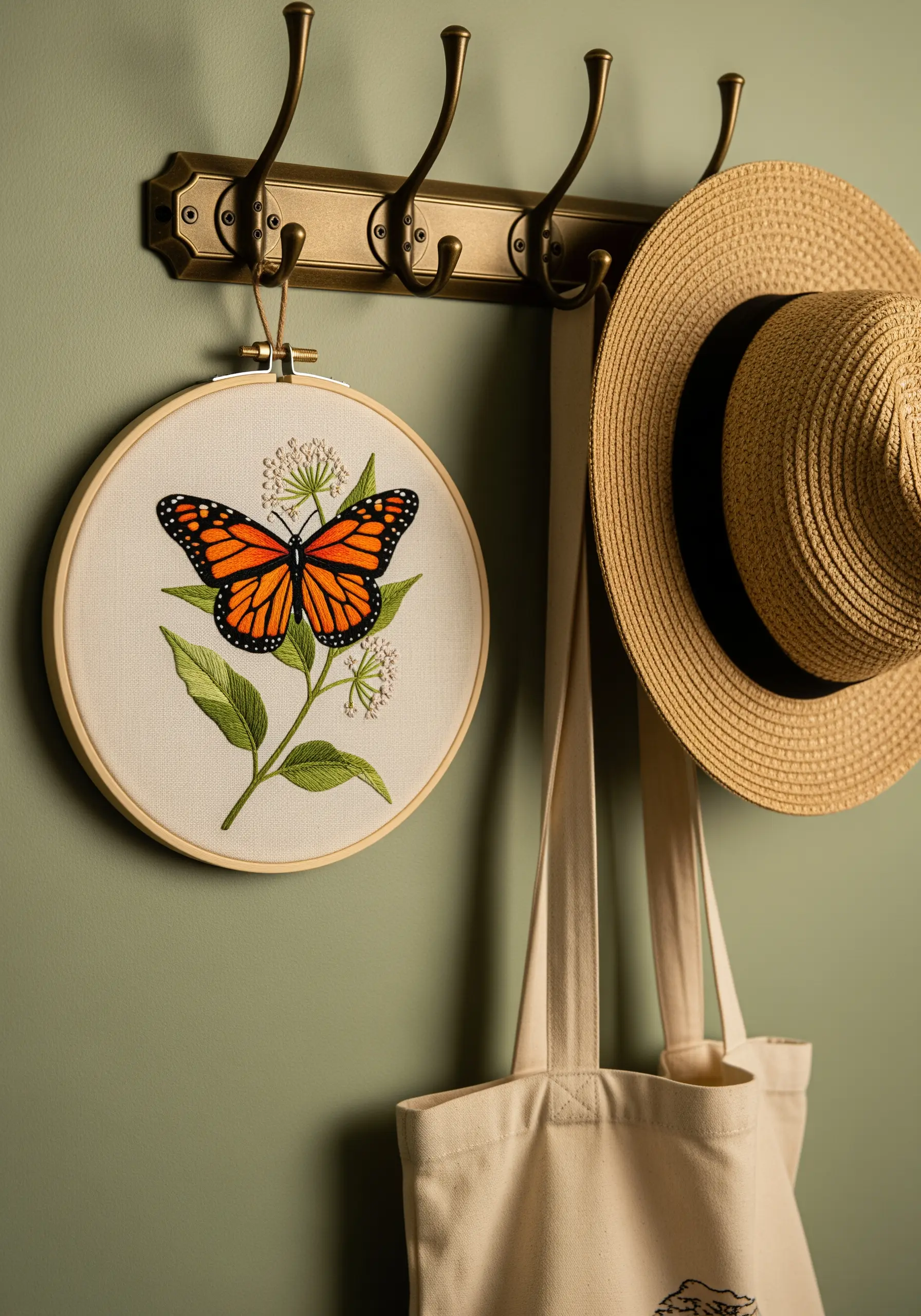 A realistic embroidery of a monarch butterfly on a flowering plant stem.