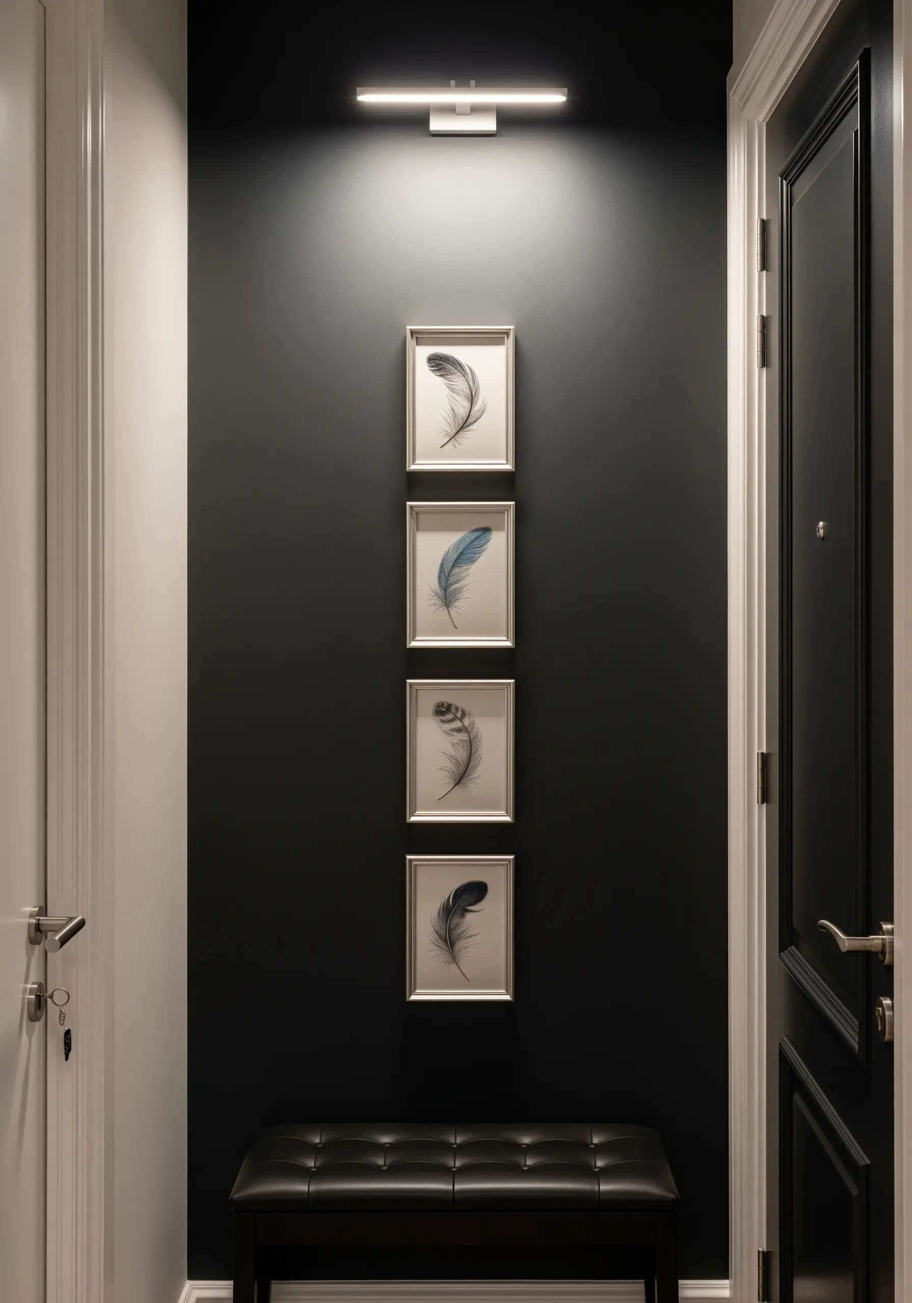 A vertical series of four framed embroideries, each showing a detailed, realistic feather.