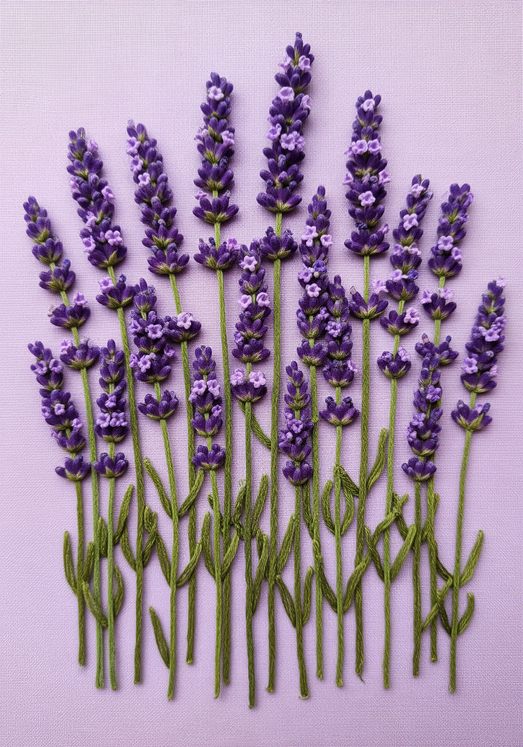 Detailed embroidery of lavender stalks with 3D purple florets and green stems.