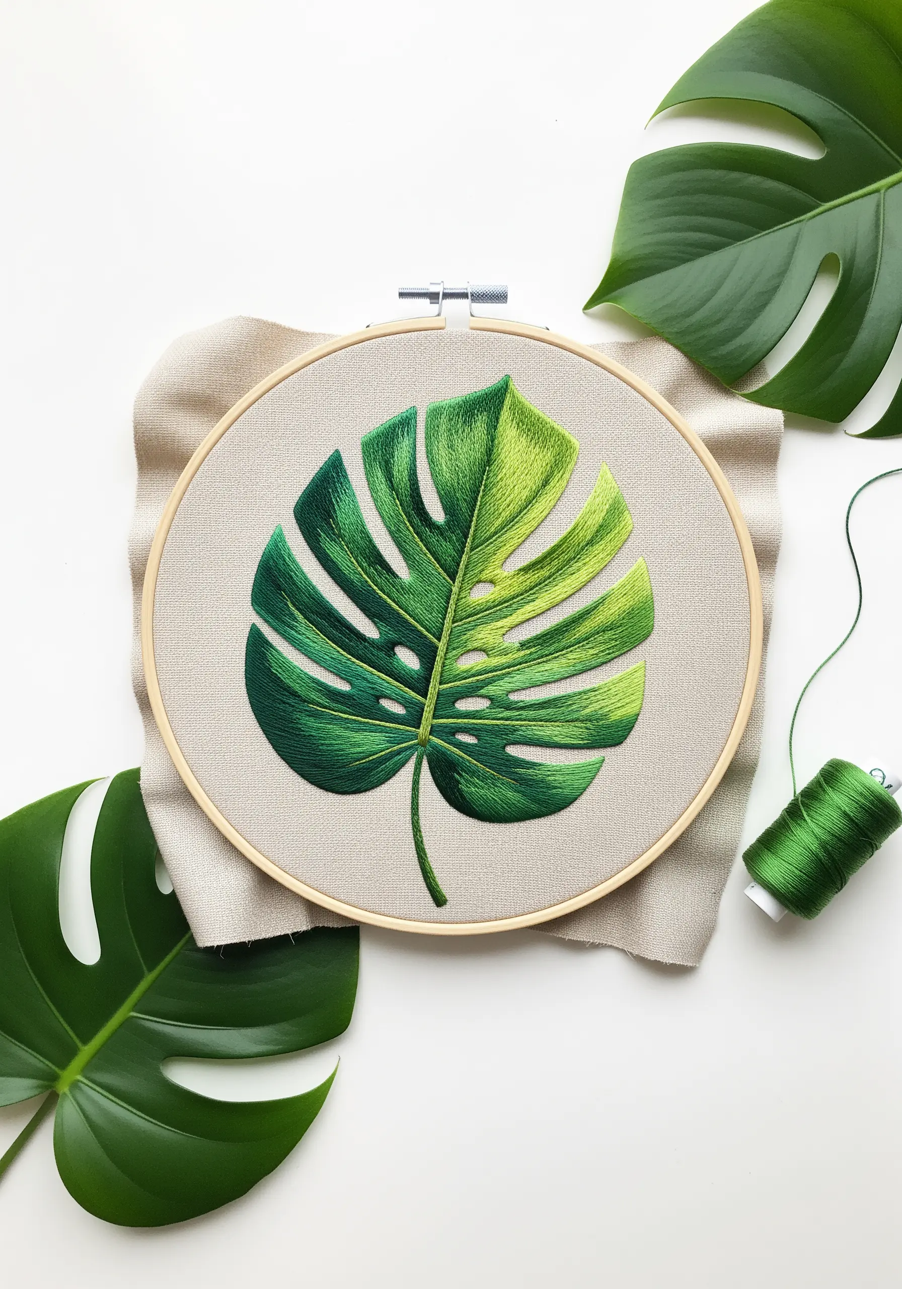 Realistically shaded Monstera leaf embroidery with a gradient of green threads.